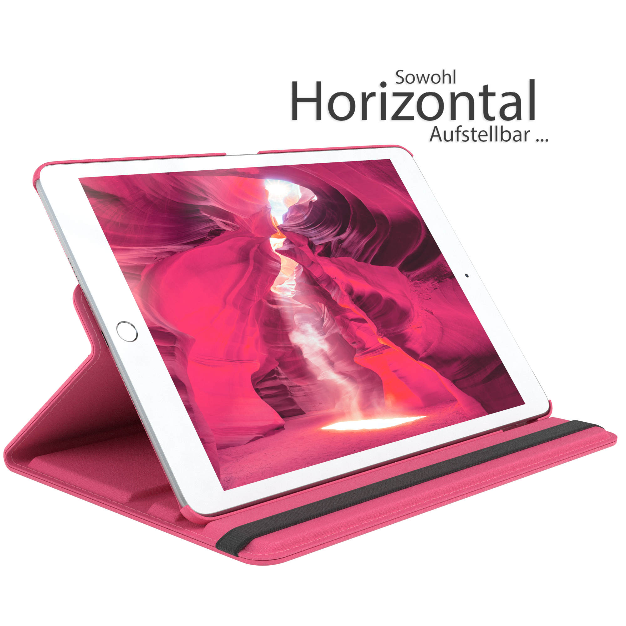 Pinkes iPad in einer pinken Hülle, angewinkelt. Im Hintergrund ein pinkfarbener Canyon.