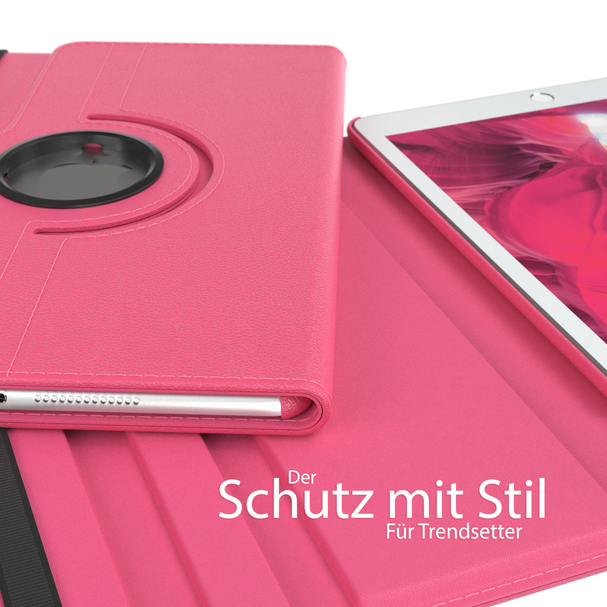 Geöffnete pinke Tablet-Hülle mit Tablet innen.