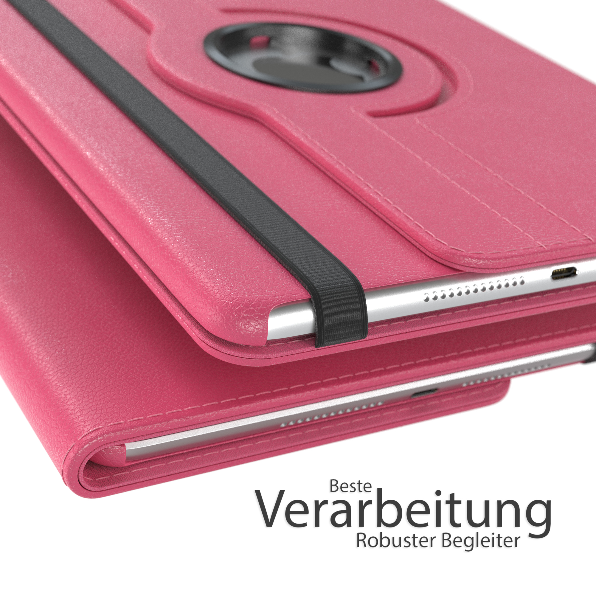 Tablethülle in Pink, mit einem Tablet darin. Die Hülle ist geschlossen und hat einen schwarzen Riemen.