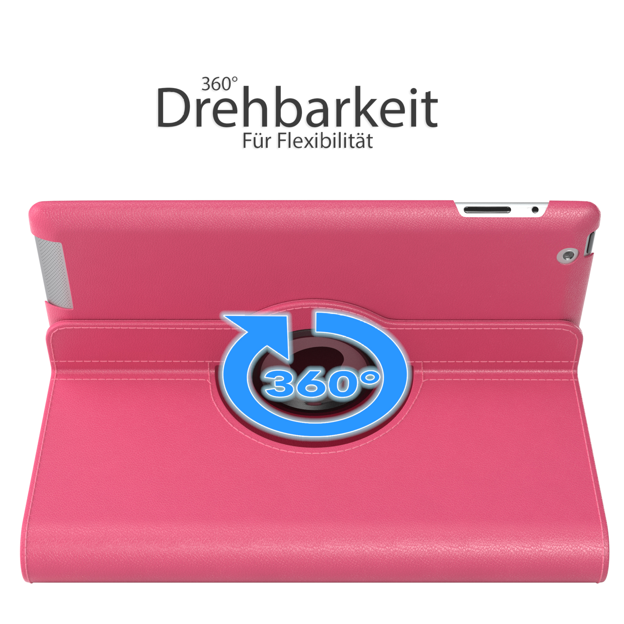 Geöffnete, rosa Tablet-Hülle mit Tablet und 360-Grad-Drehsymbol.