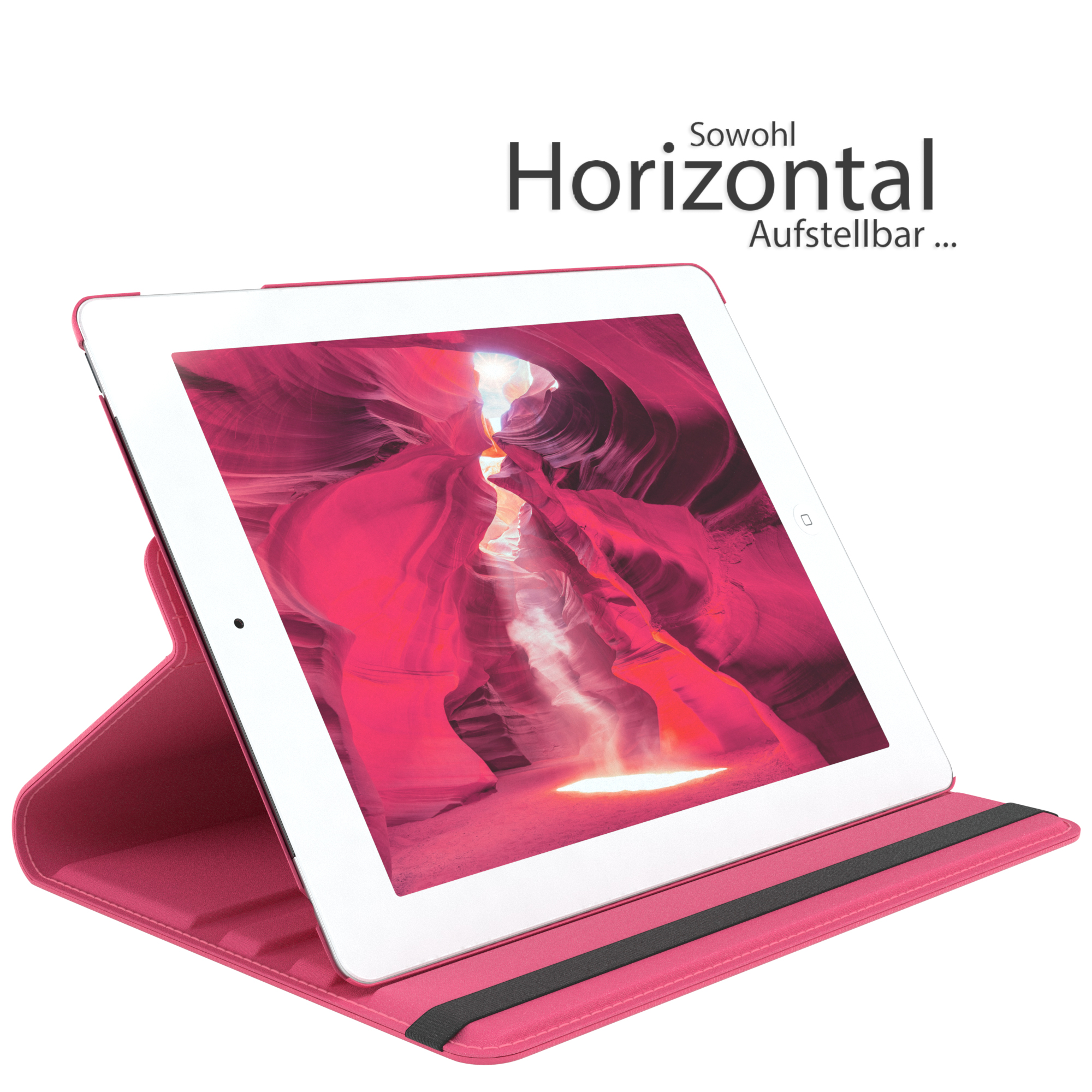 Tablet in pinker Hülle mit Canyon-Bild. Der Text lautet 'Horizontal'.