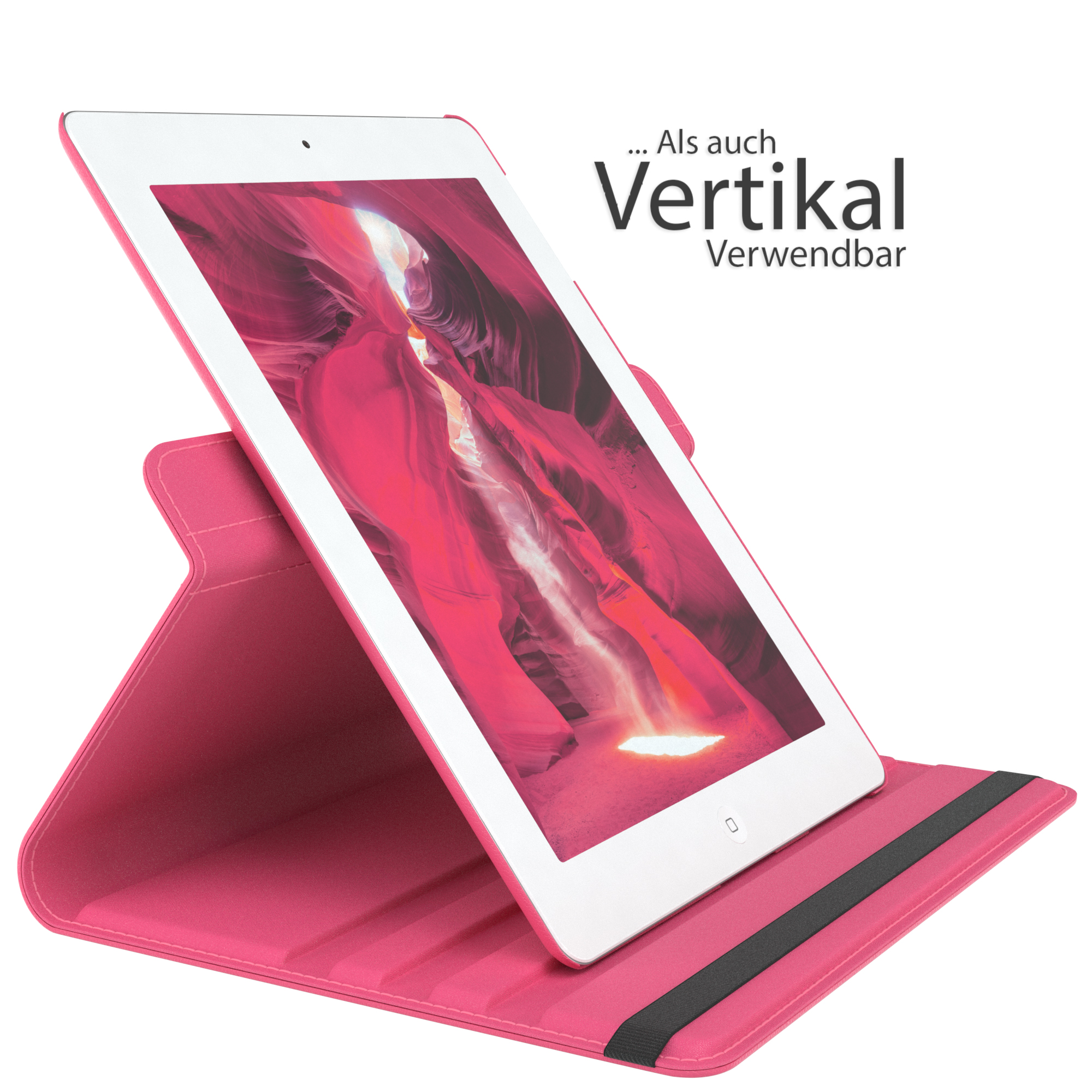 Pinkes Tablet in einem Ständer. Text auf dem Bild lautet 'Vertikal' und 'Verwendbar'.