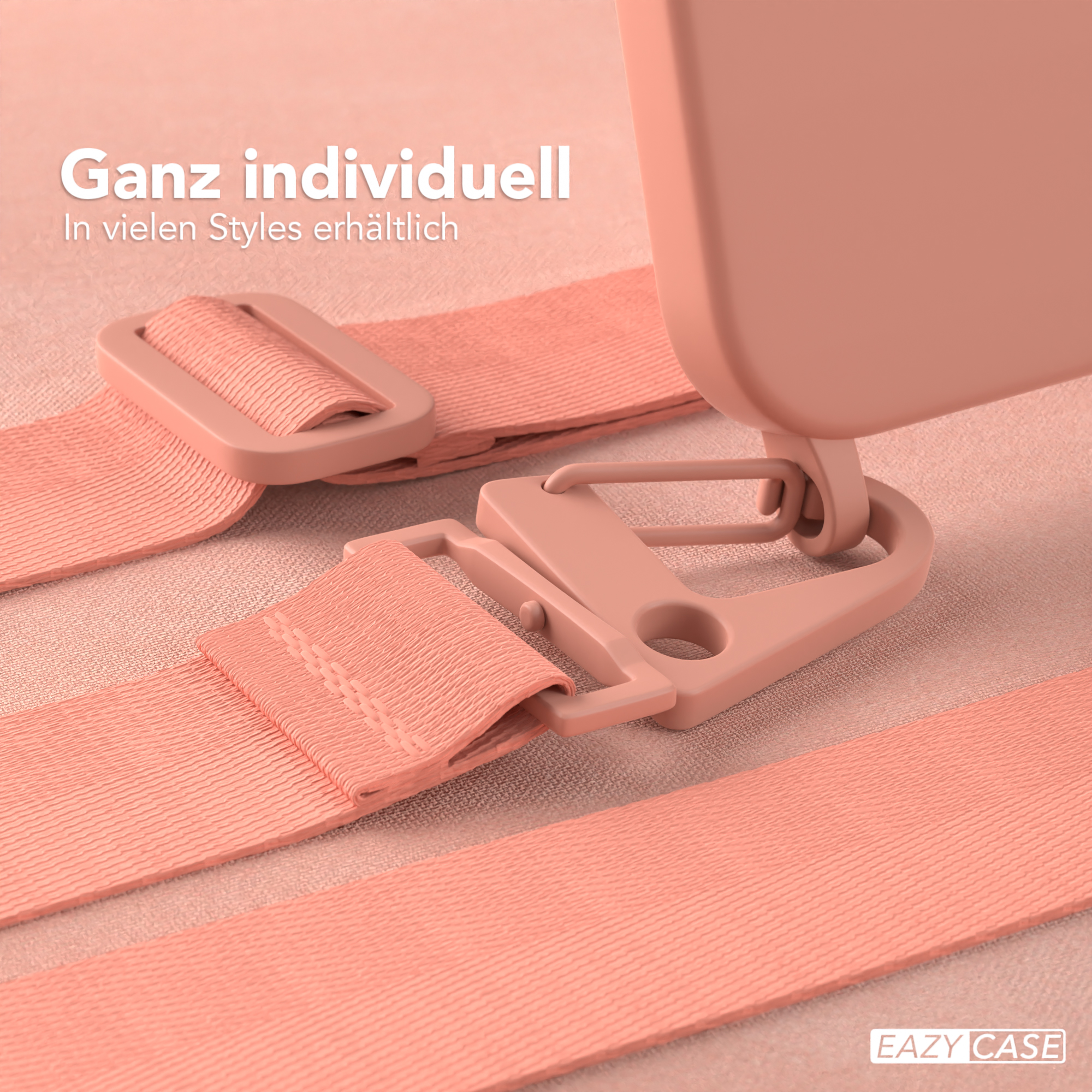Nahaufnahme einer rosa Handyhülle mit Trägern. Der Text lautet 'Ganz individuell' auf Deutsch.