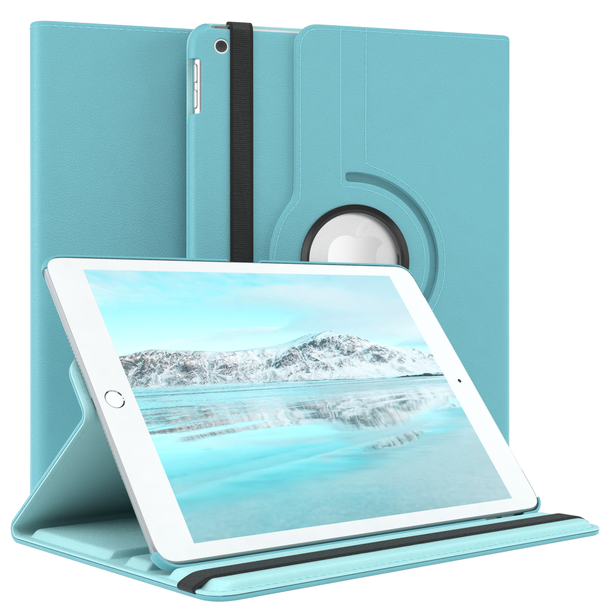Tablet in blauem Etui, unterstützt von einem Ständer. Das Tablet zeigt ein Naturbild. Der Ständer zeigt 360° Drehung.