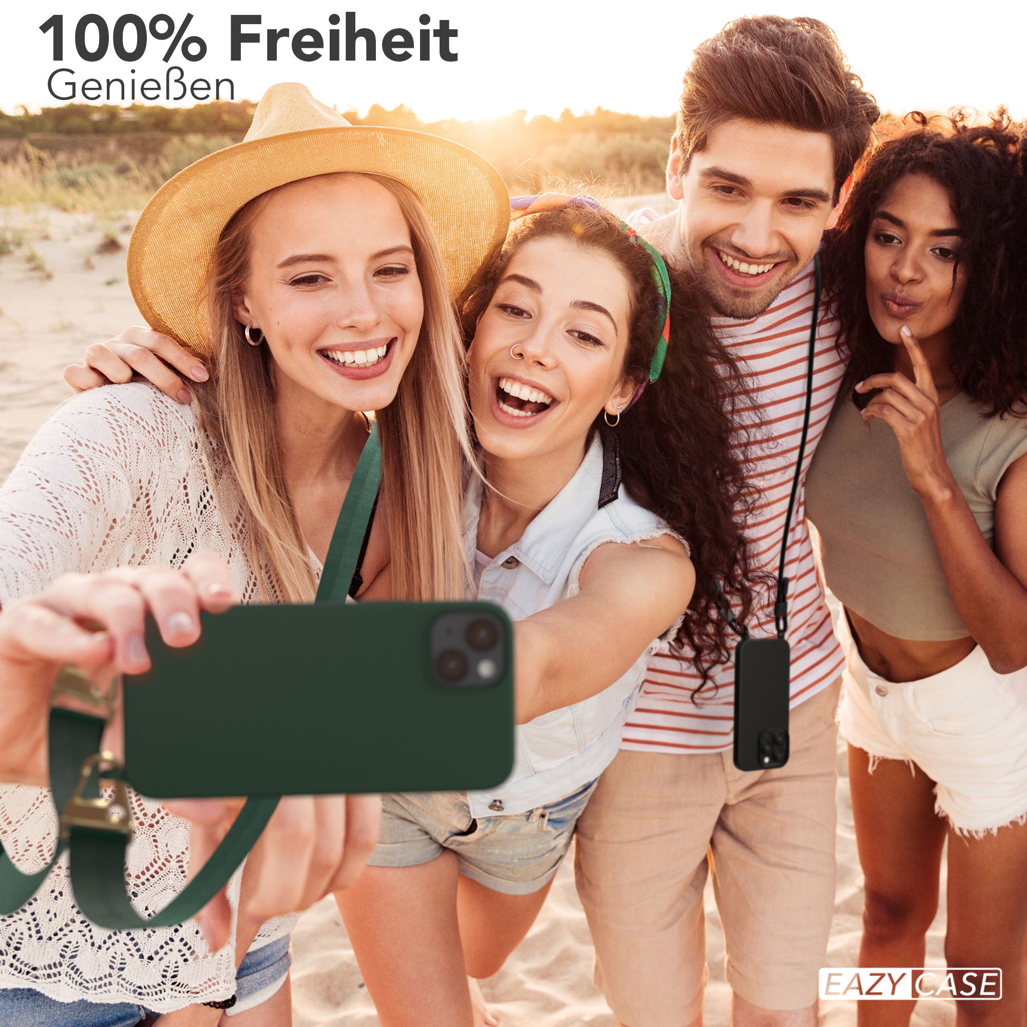 Freunde machen ein Selfie mit einem Handy. Grüne Handyhülle mit Riemen. Strand im Hintergrund.
