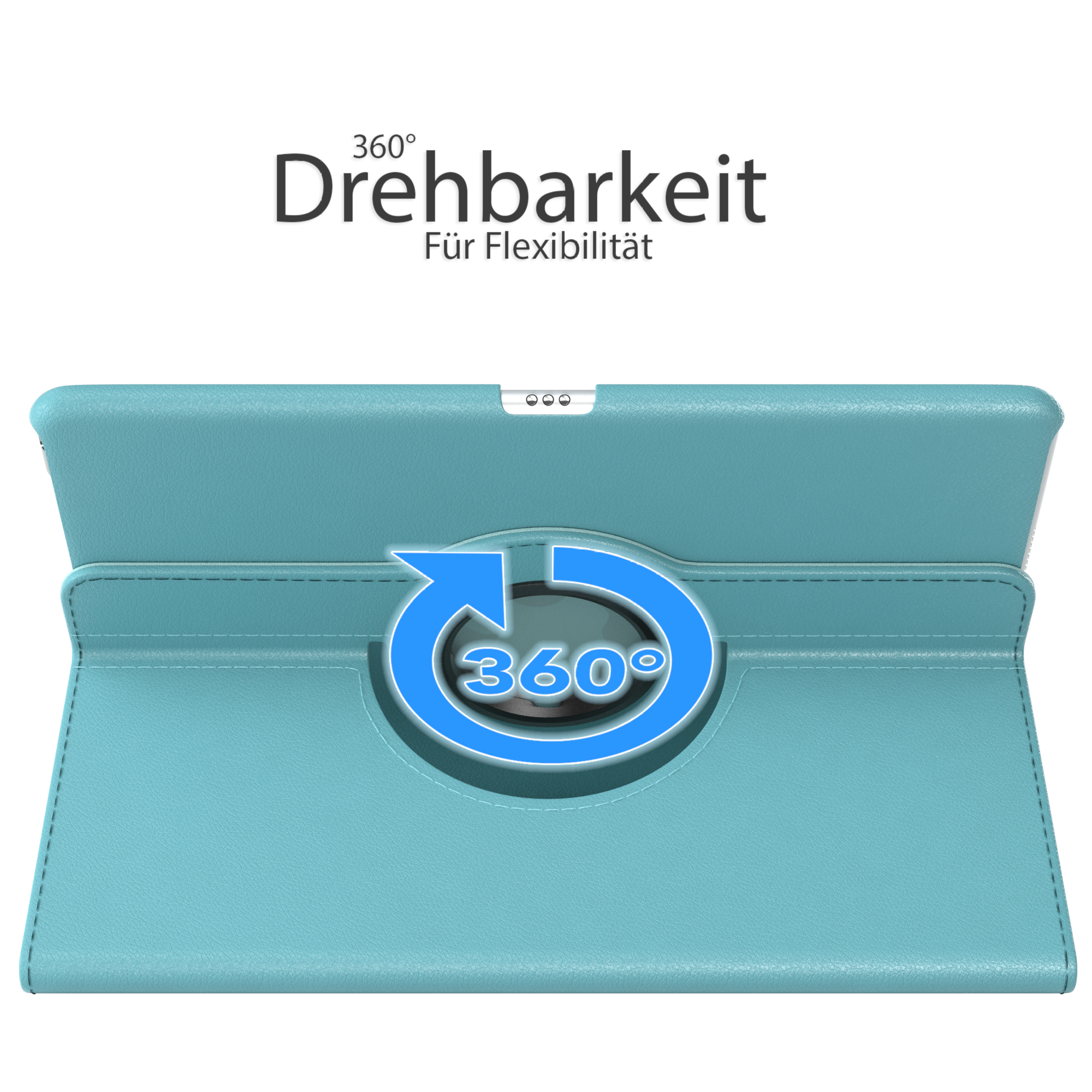 Geöffnete Tablet-Hülle in Blau. Tablet in blauer Hülle, mit einem 360°-Pfeil. Weißer Hintergrund.