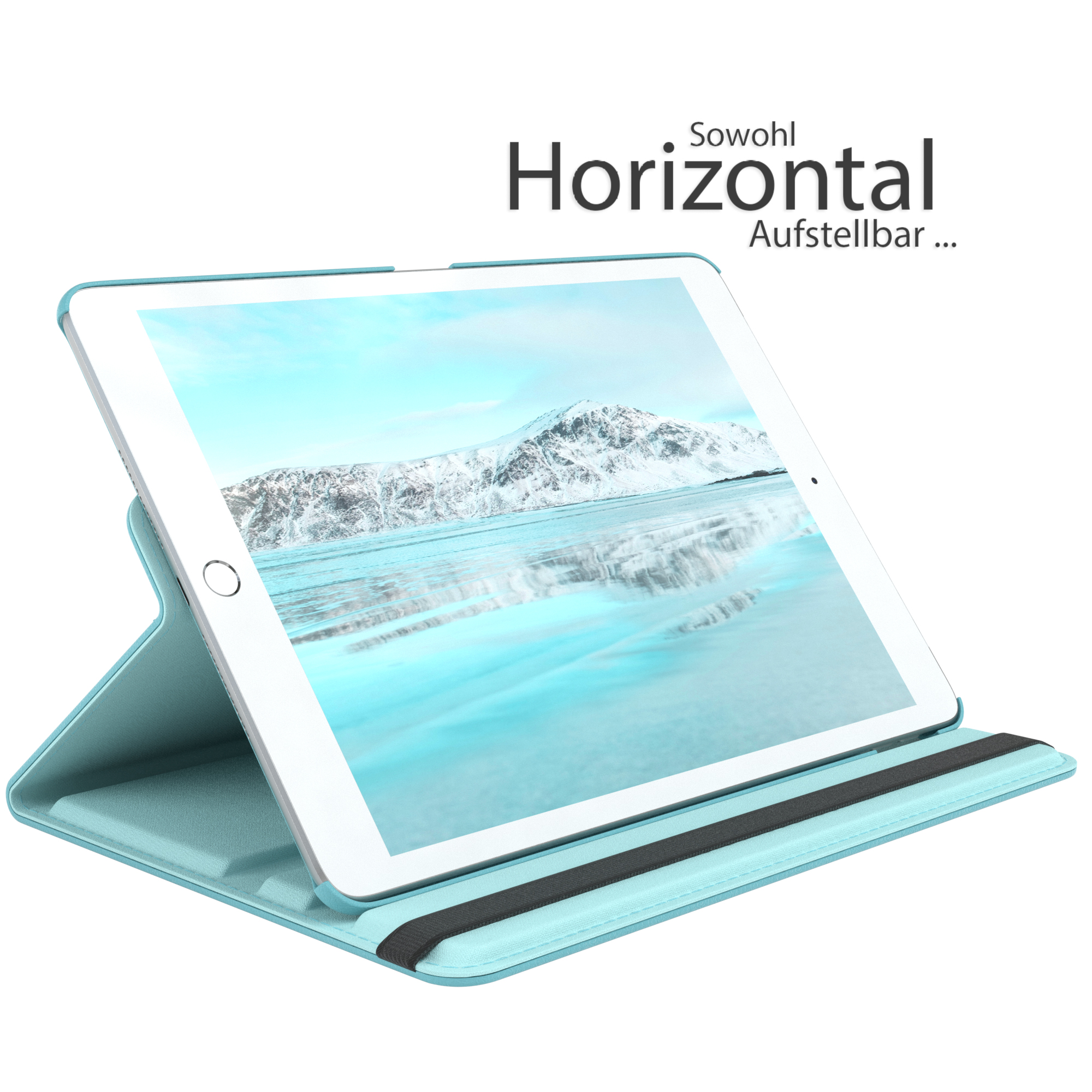 Blaues Tablet in blauer Hülle, mit verschneiter Berglandschaft auf dem Bildschirm.