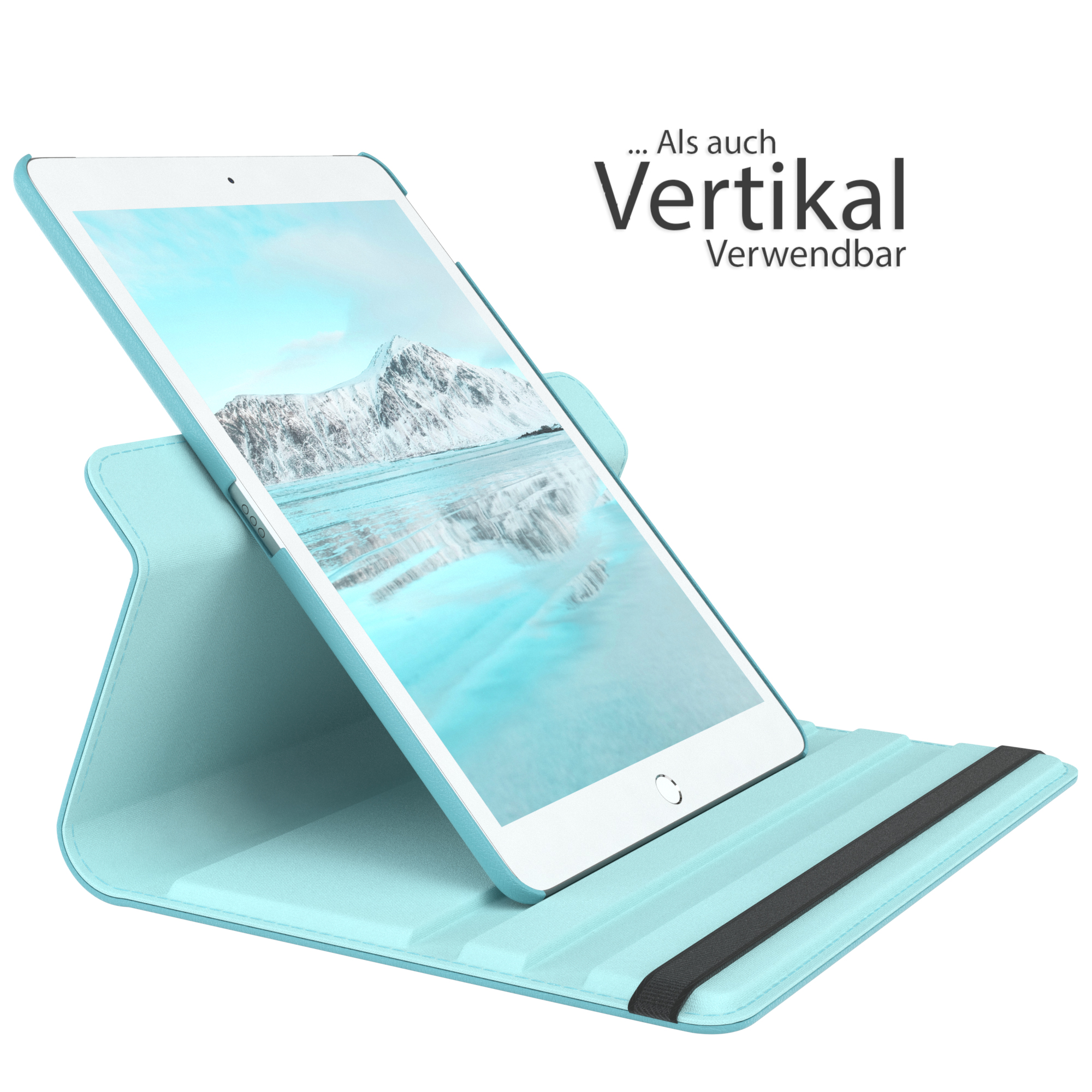 Ein Tablet in einem hellblauen Gehäuse wird vertikal angezeigt, mit dem Bildschirm nach oben.