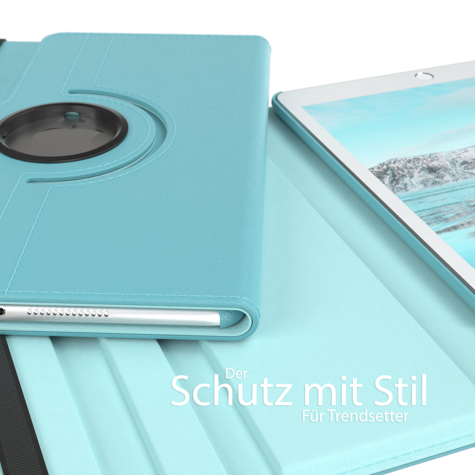 Blaue Tablethülle mit Tablet. Die Hülle ist geöffnet. Text sagt Schutz mit Stil.