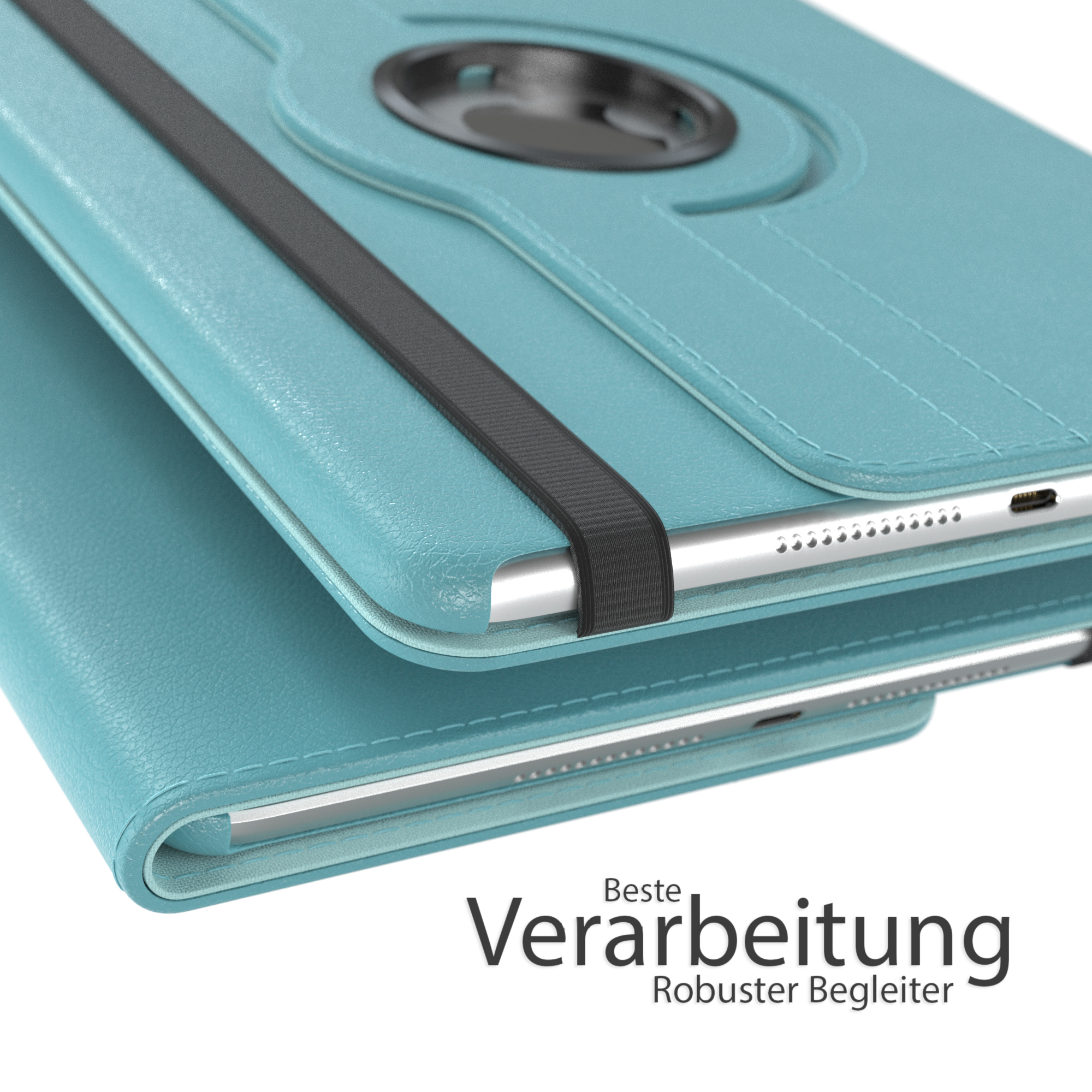Türkisfarbene Tablethülle mit schwarzem Gummiband und Nahaufnahme der Hülle mit Text.