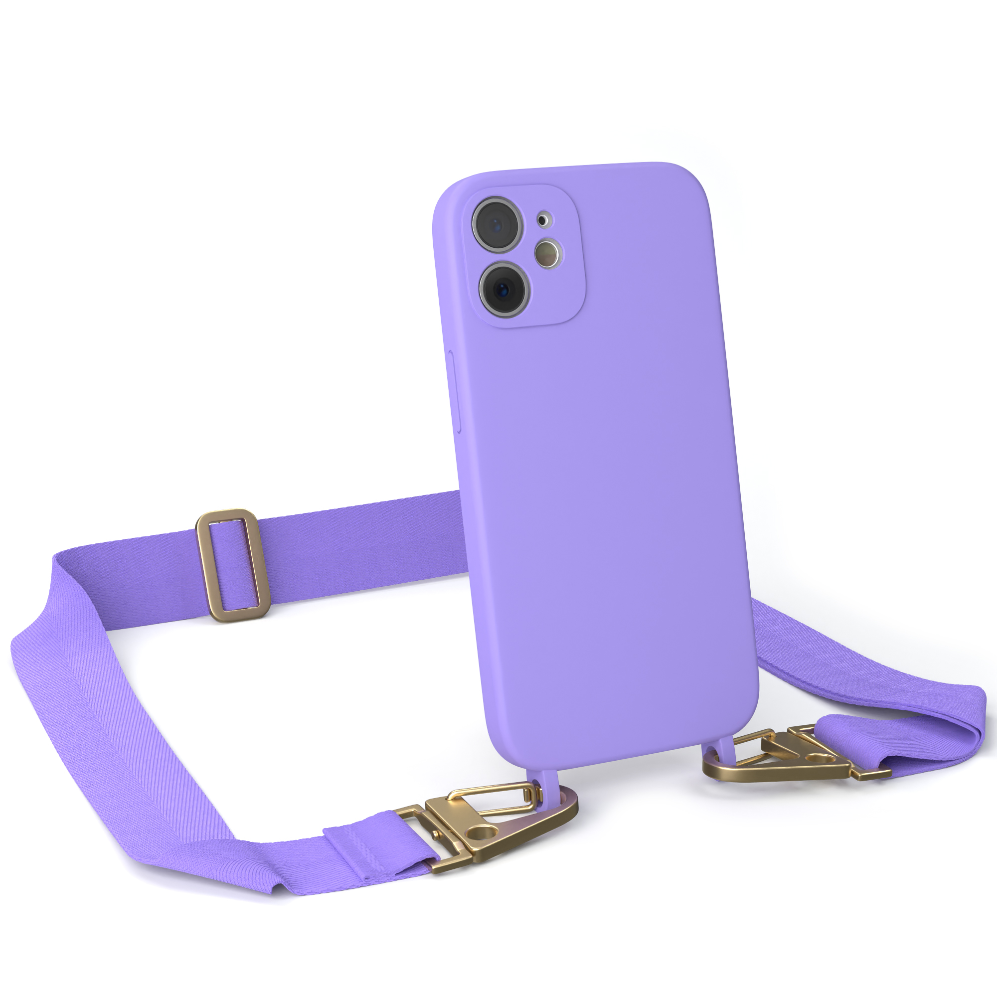 Lila Handyhülle mit Riemen. Telefon hat drei Kameras und einen lila Riemen. Weißer Hintergrund.