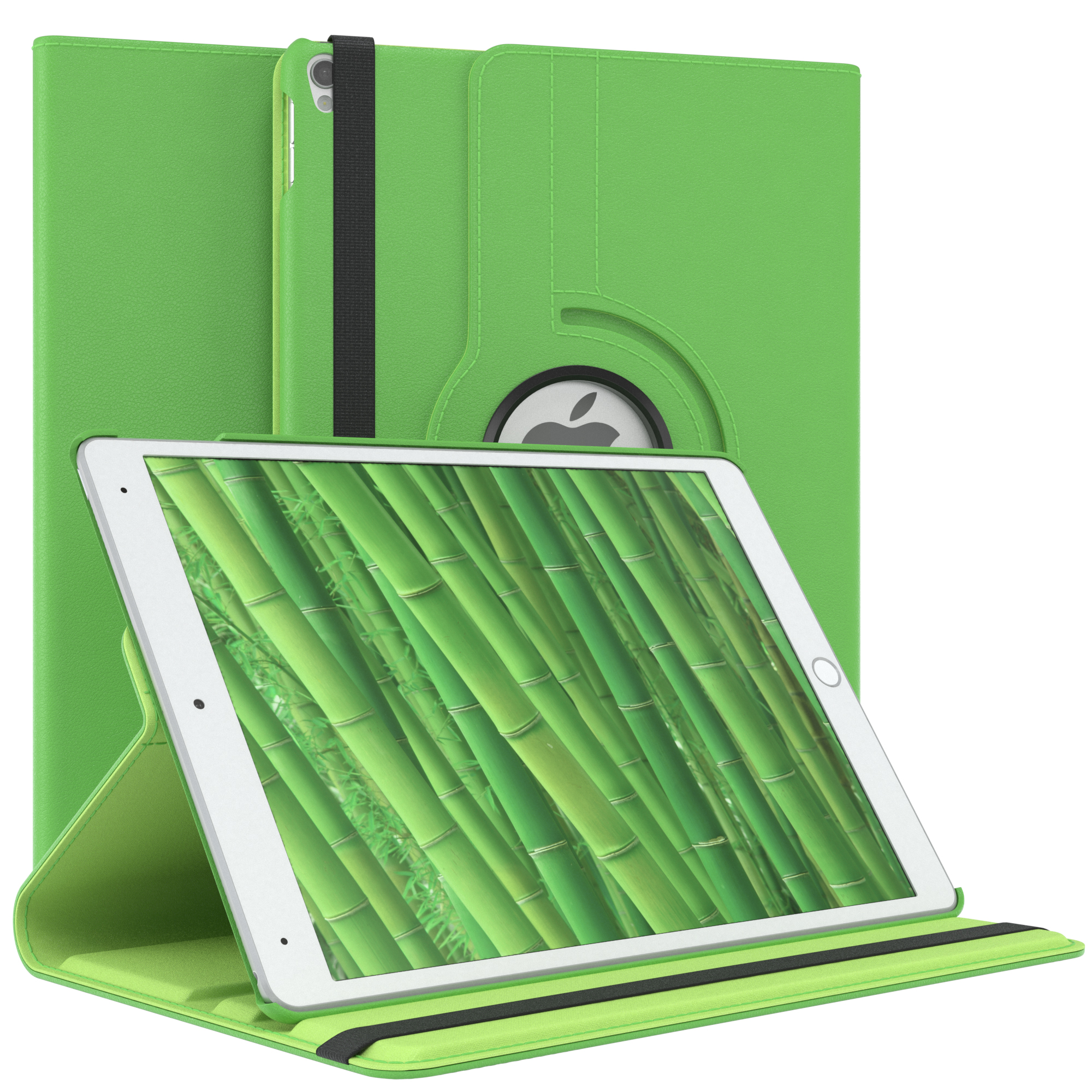 Grünes Tablet in Hülle. Bildschirm zeigt grünen Bambus. Hülle aufgeklappt.