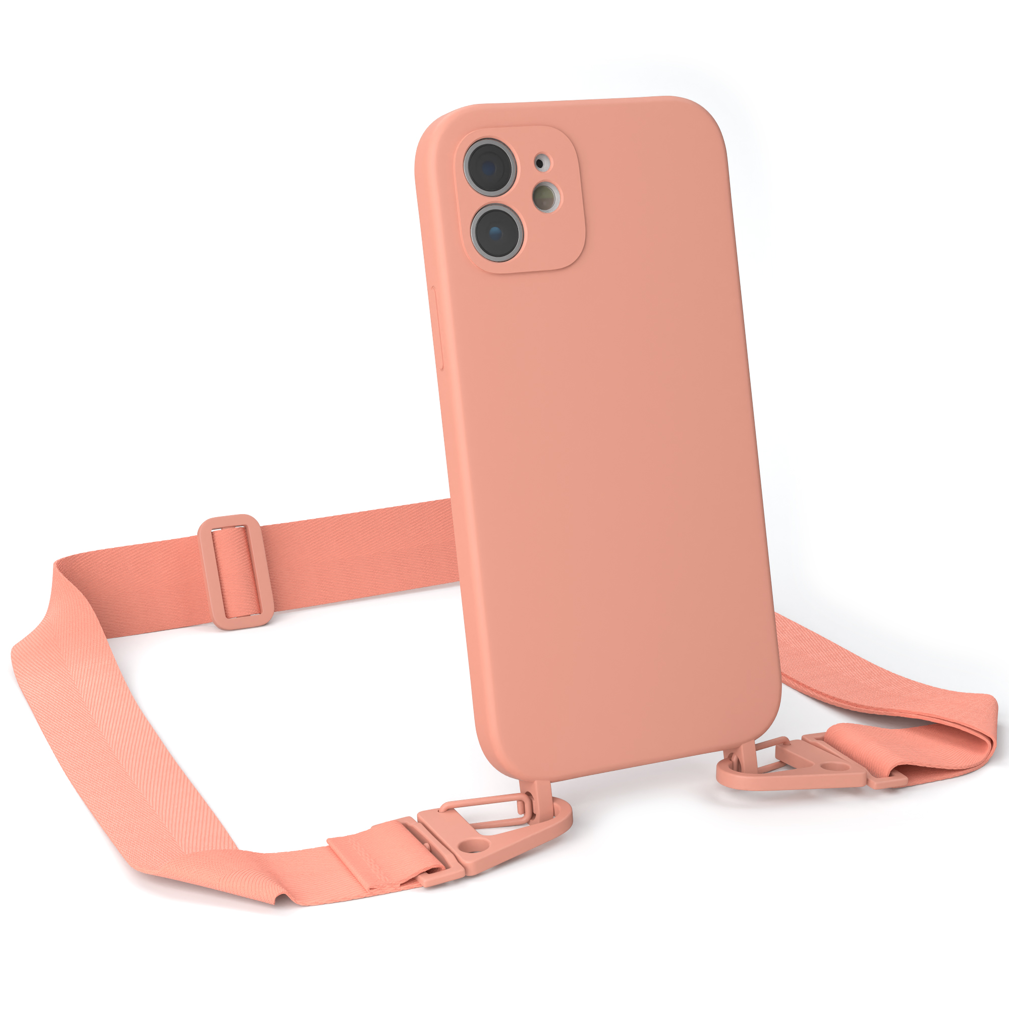 Pfirsichfarbene Handyhülle mit Riemen. Telefon hat drei Kameras und einen Pfirsich-Riemen.