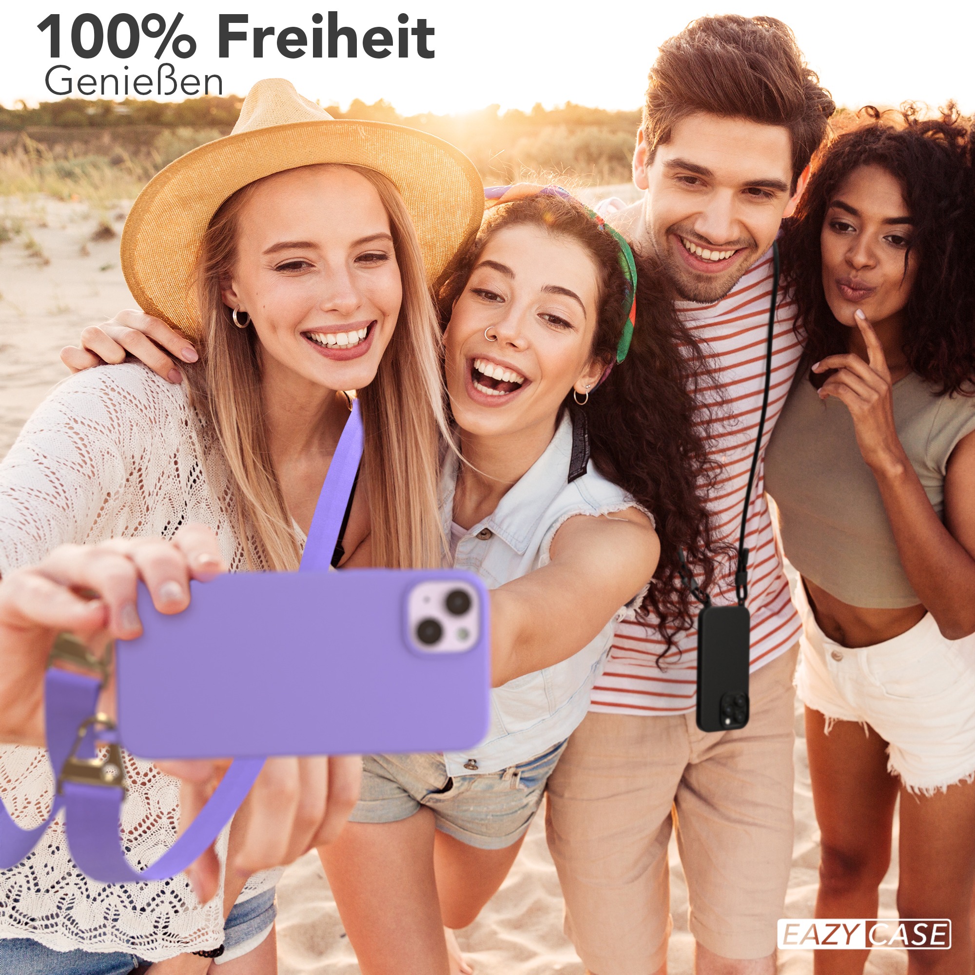 Freundesgruppe macht ein Selfie mit einer lila Handyhülle mit lila Riemen.