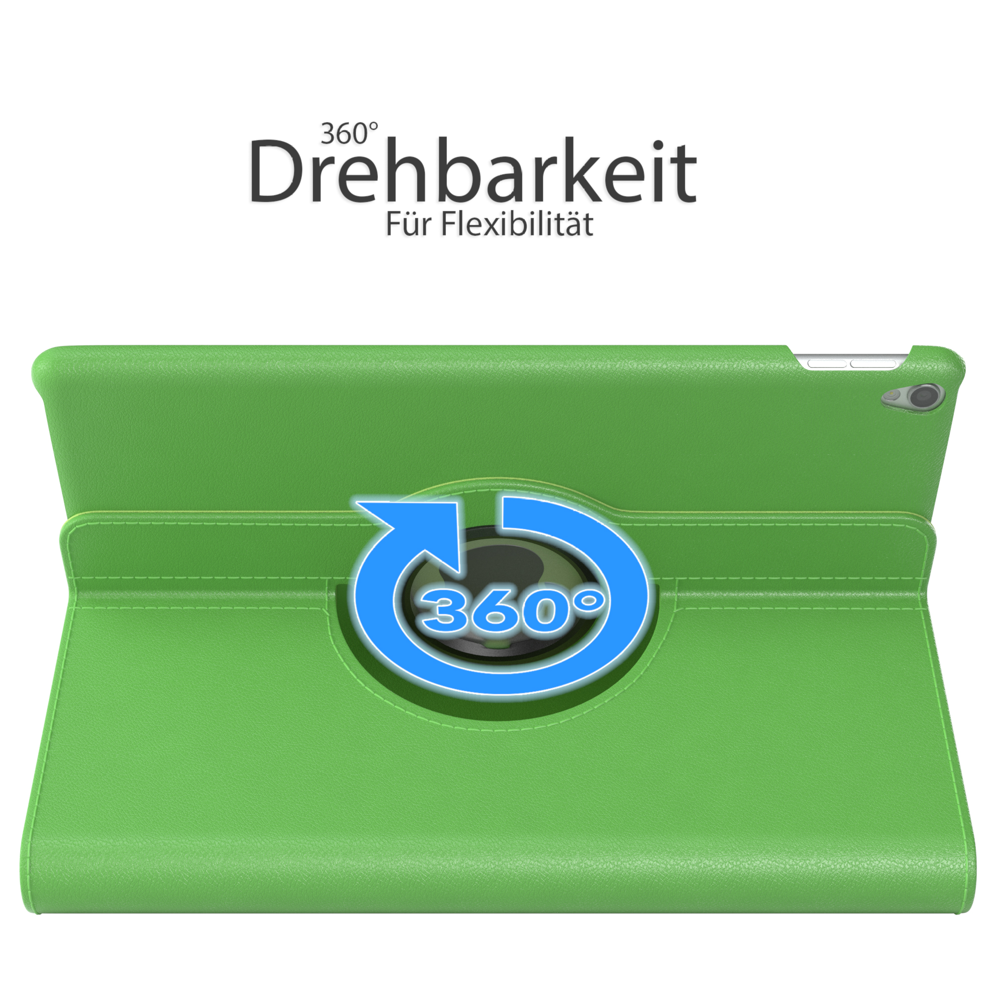 Eine grüne Tablethülle, geöffnet, um ein Tablet zu zeigen. Ein blauer Pfeil umgibt einen Kreis mit '360°'.