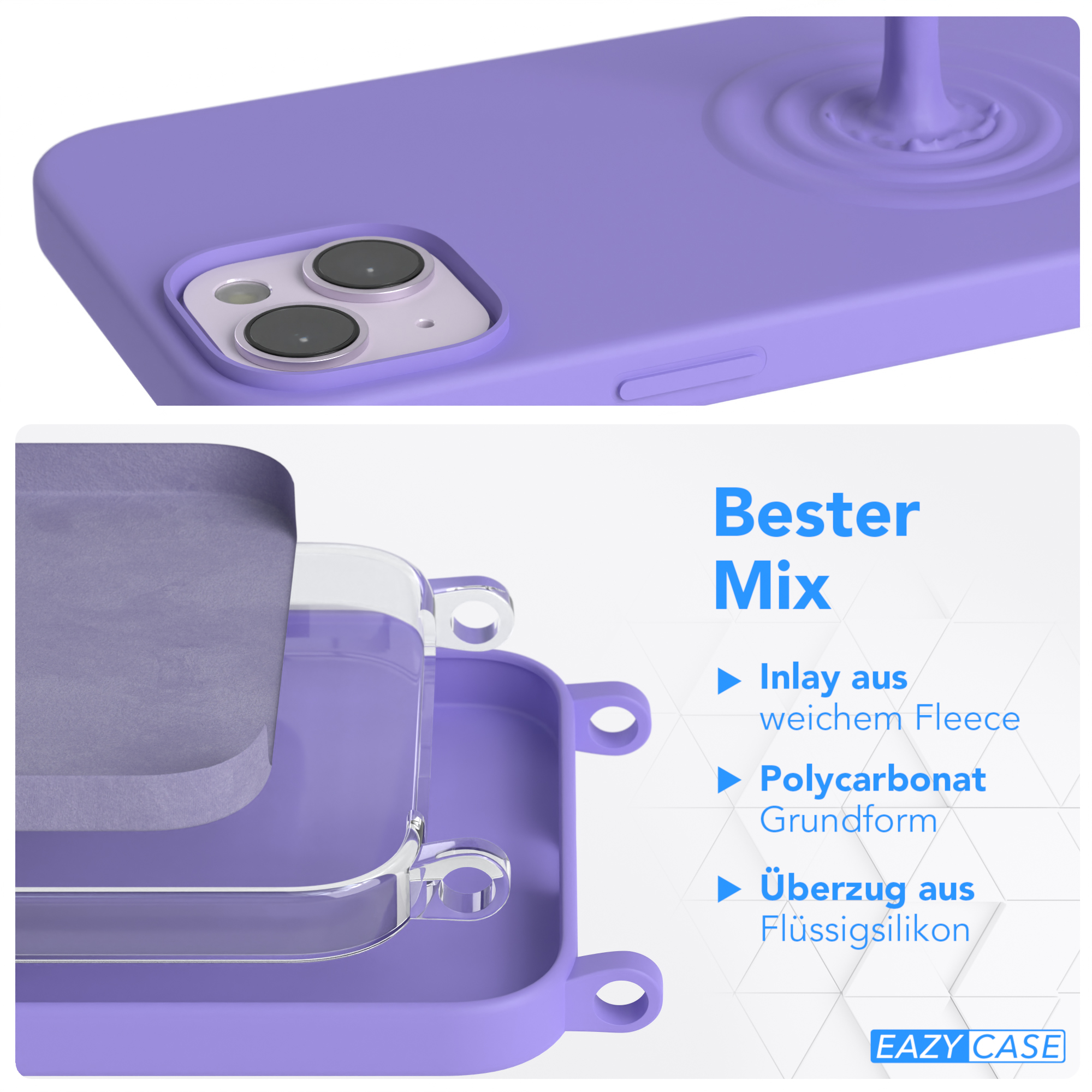 Lila Handyhülle mit mehreren Schichten. Text: 'Bester Mix' und Produktinfo.