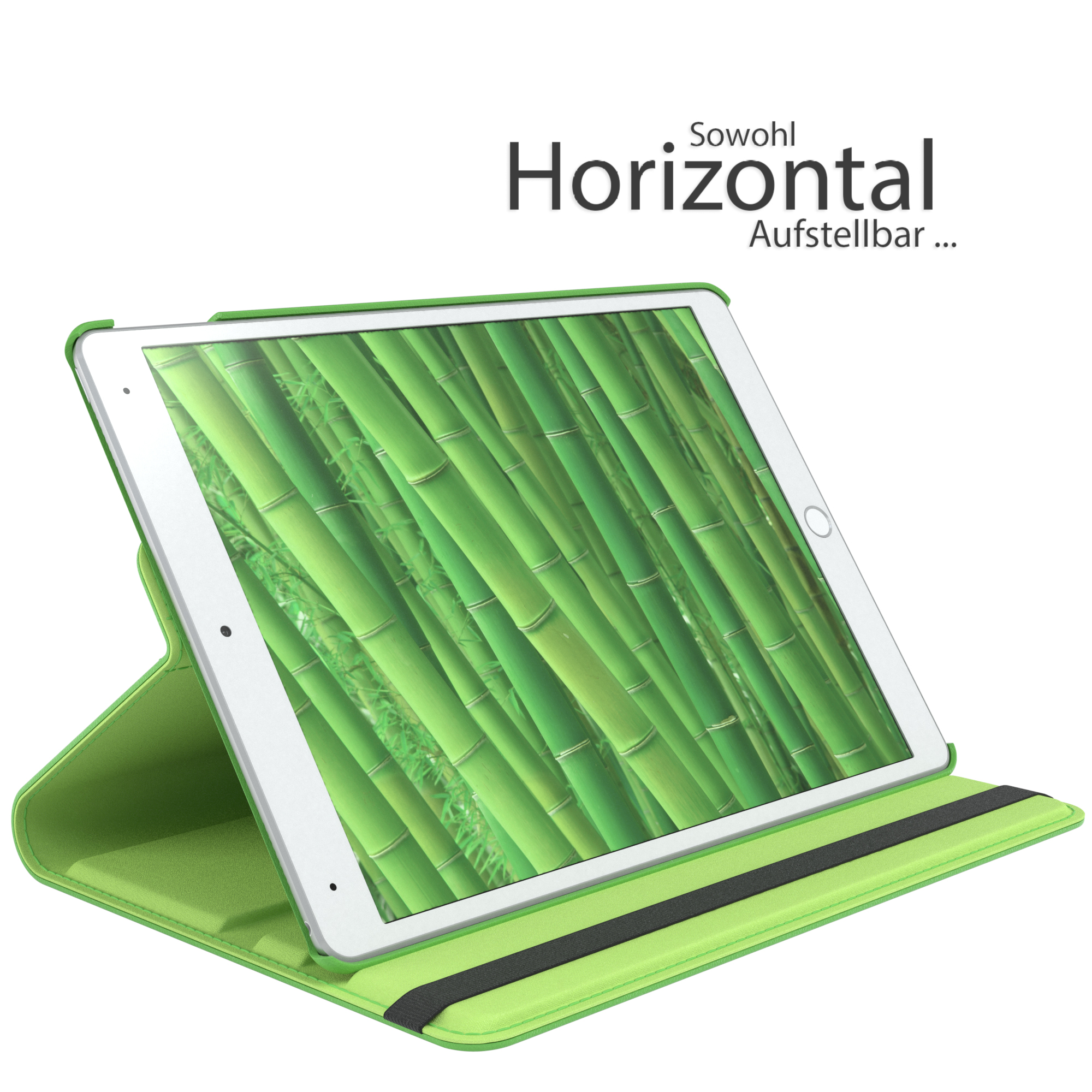 Grüne Tablet-Hülle, geöffnet. Der Tablet-Bildschirm zeigt Bambus. Text: Sowohl Horizontal Aufstellbar.