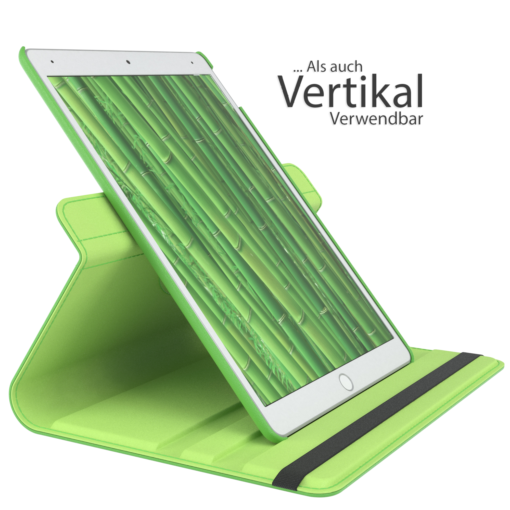 Grüner Tablet-Ständer in vertikaler Position. Das Tablet ist grün und der Hintergrund ist weiß.