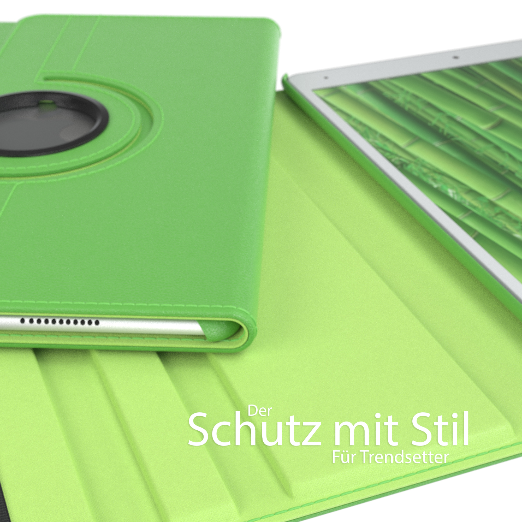 Grüne Tablettasche. Offen, mit einem Tablet im Inneren, grünem Innenraum und Text.