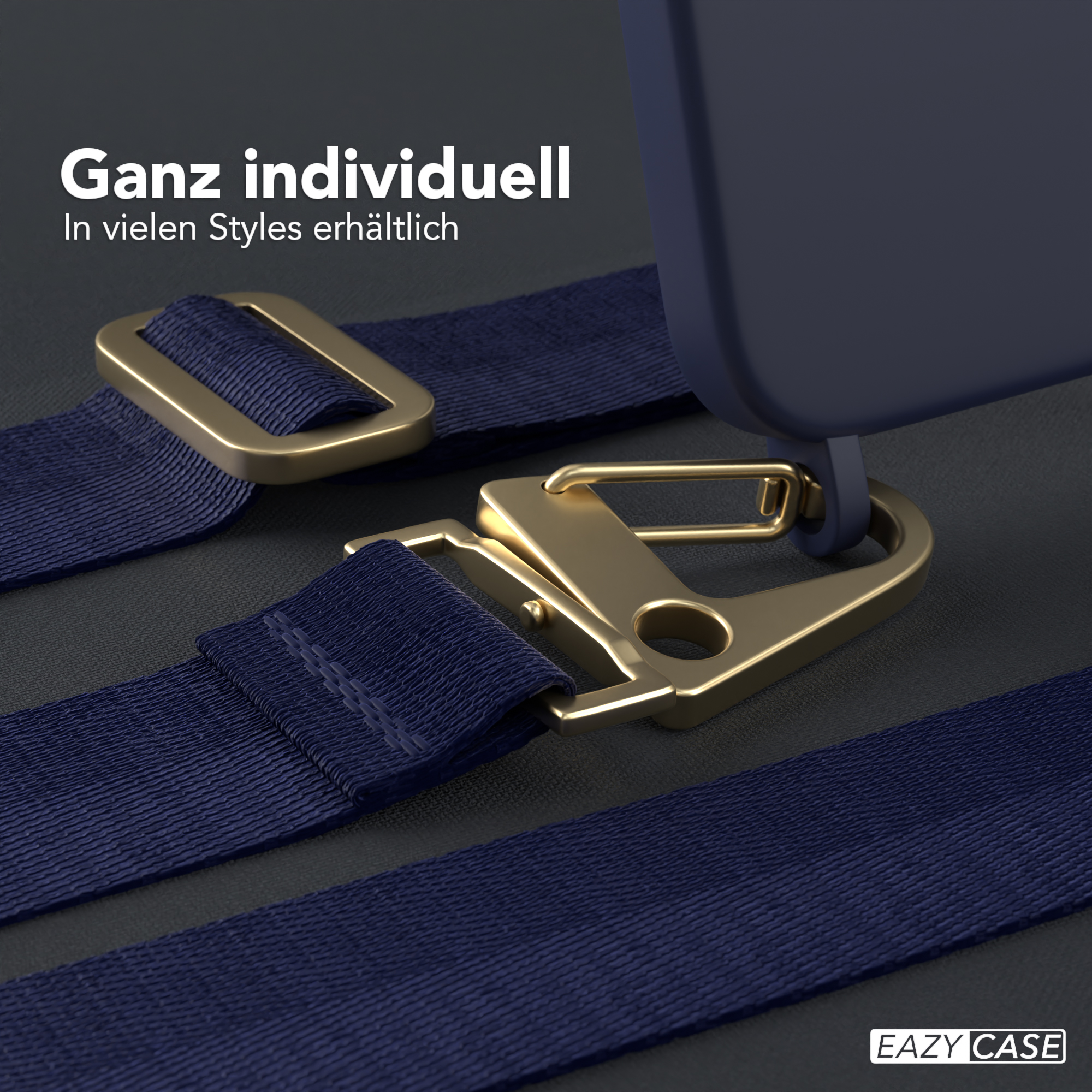 Nahaufnahme: Blaue Hülle mit goldener Schnalle und Riemen.