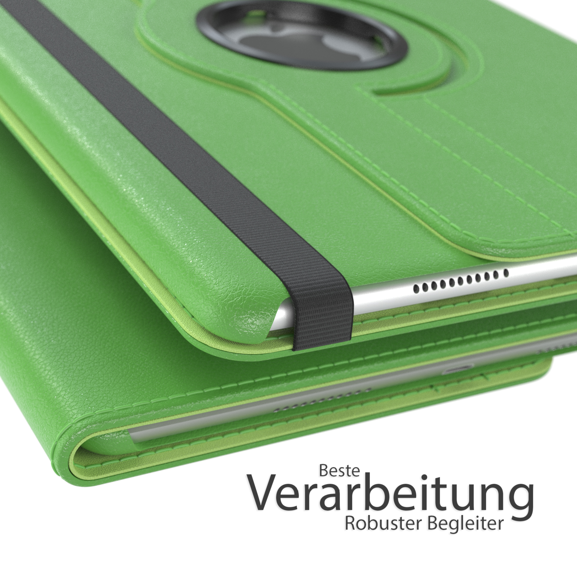 Grüne Tablet-Hülle, geöffnet, mit Tablet, schwarzer Gurt sichtbar.