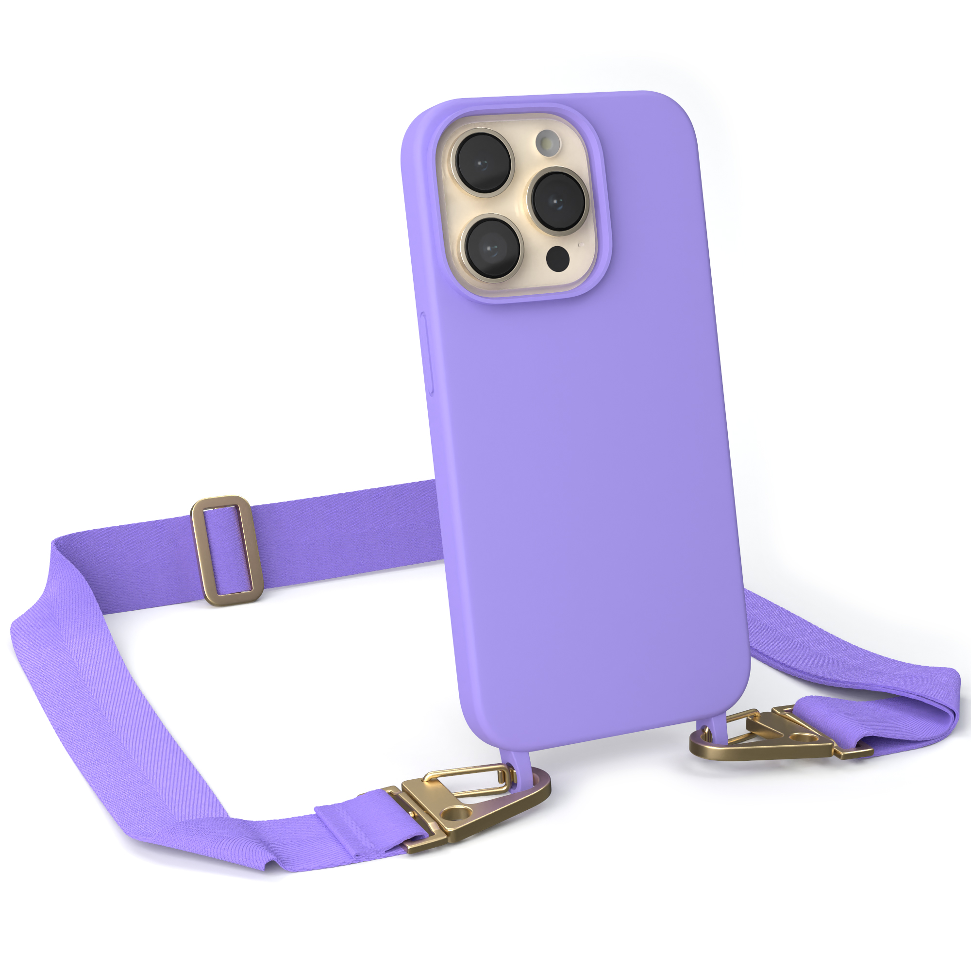 Lila Telefon mit lila Umhängeband und goldener Hardware. Das Telefon hat eine lila Hülle.