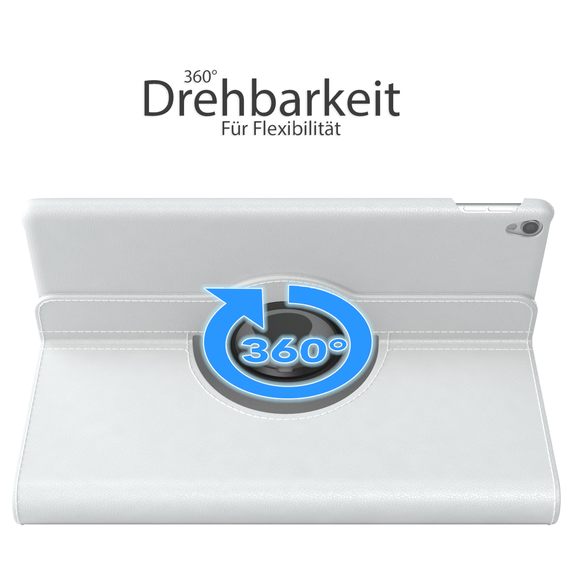 Weiße Tablet-Hülle mit 360-Grad-Rotationsanzeige. Der Hintergrund ist weiß.