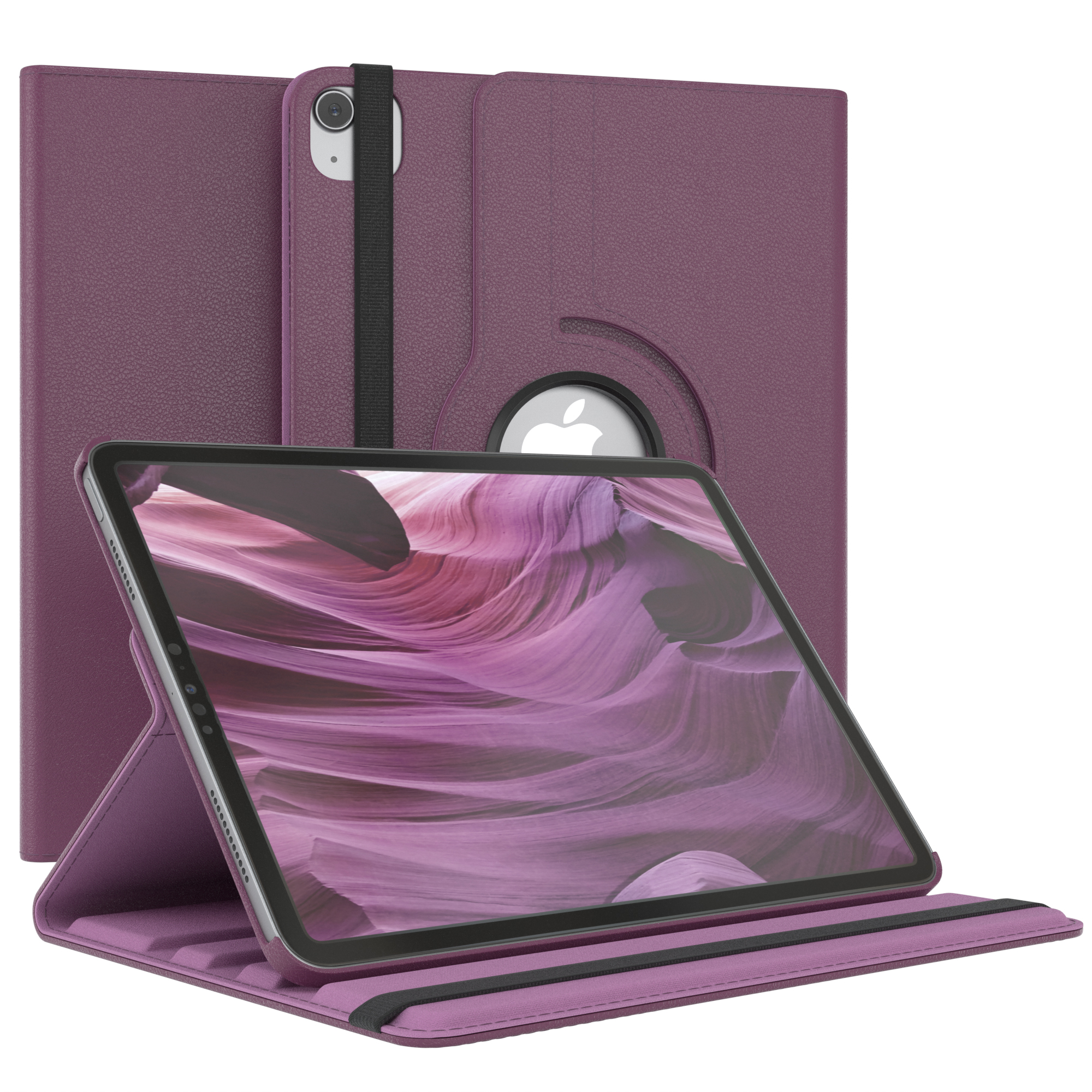 Tablet in lila Hülle, mit Apple-Logo, weißer Hintergrund.