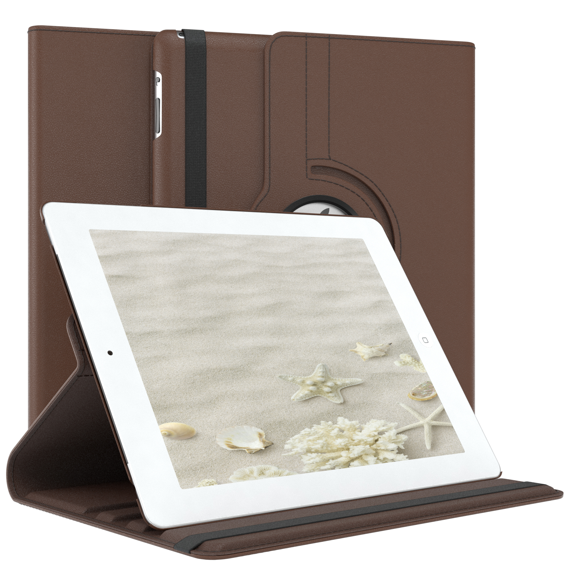 Braunes Tablet in brauner Hülle, Landschaftsansicht. Hintergrundgehäuse aufrecht. Bildschirm zeigt Strandszene mit Muscheln.