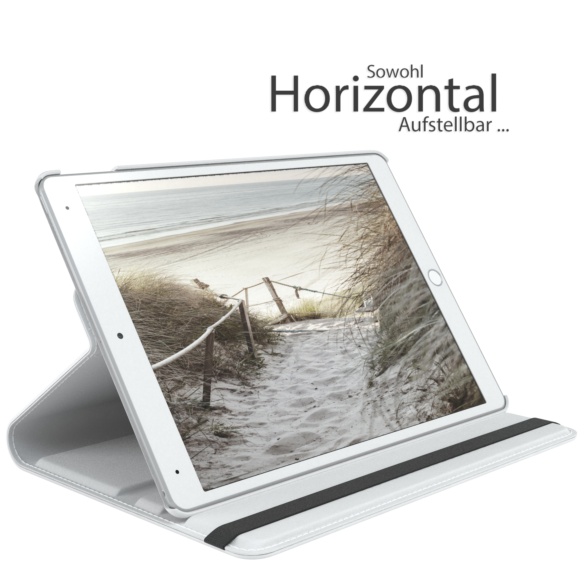 Ein Tablet in einer weißen Hülle, abgewinkelt. Der Bildschirm zeigt eine Strandwegszene.