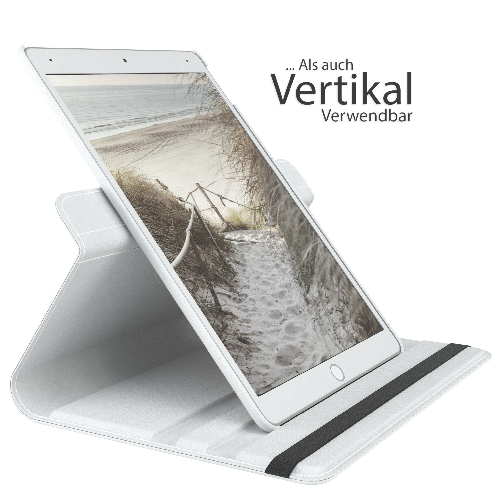Tablet in weißem Case; Bildschirm zeigt einen Strandweg.