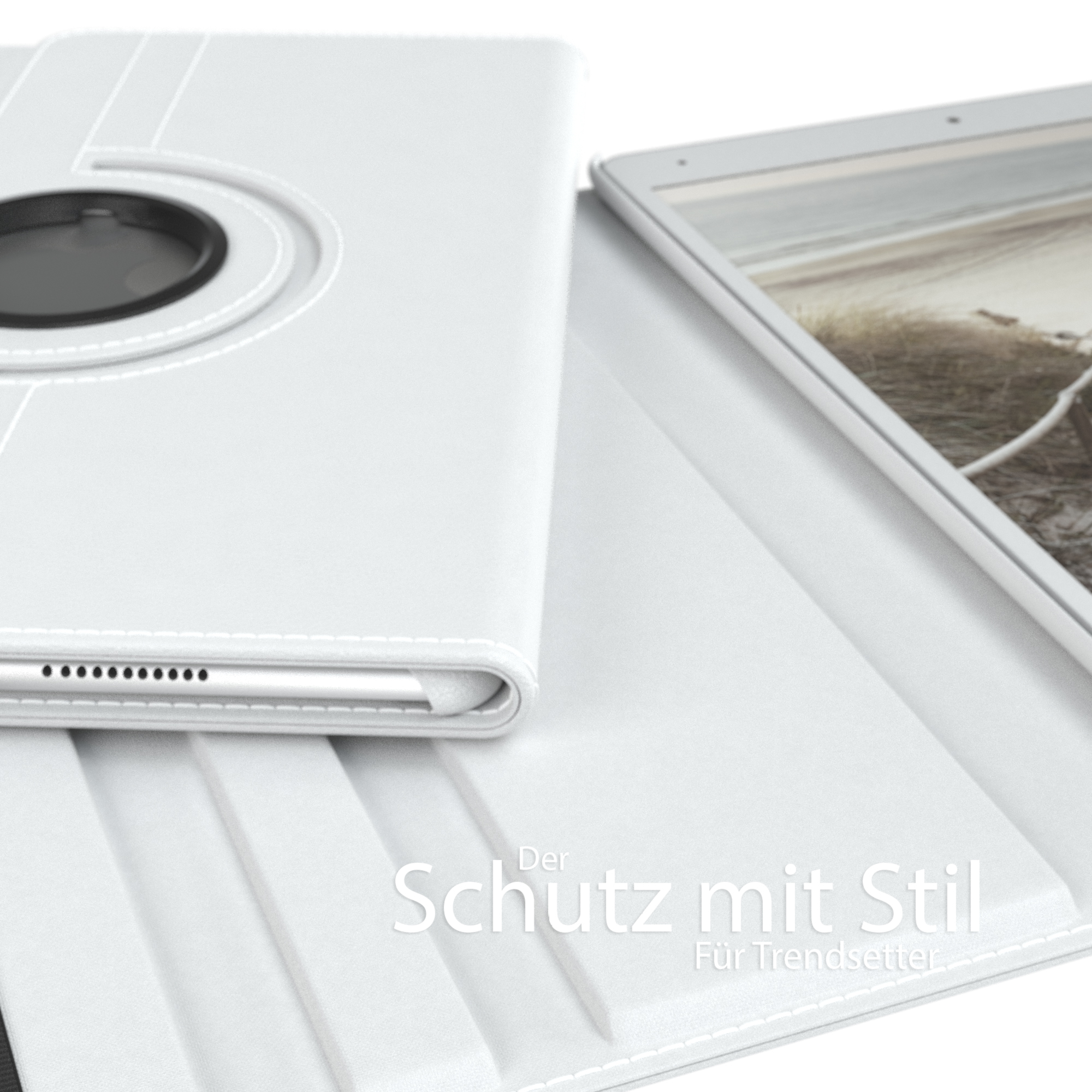 Weiße Tablethülle mit rotierendem schwarzen Kamerakreis und weißen Nähten.