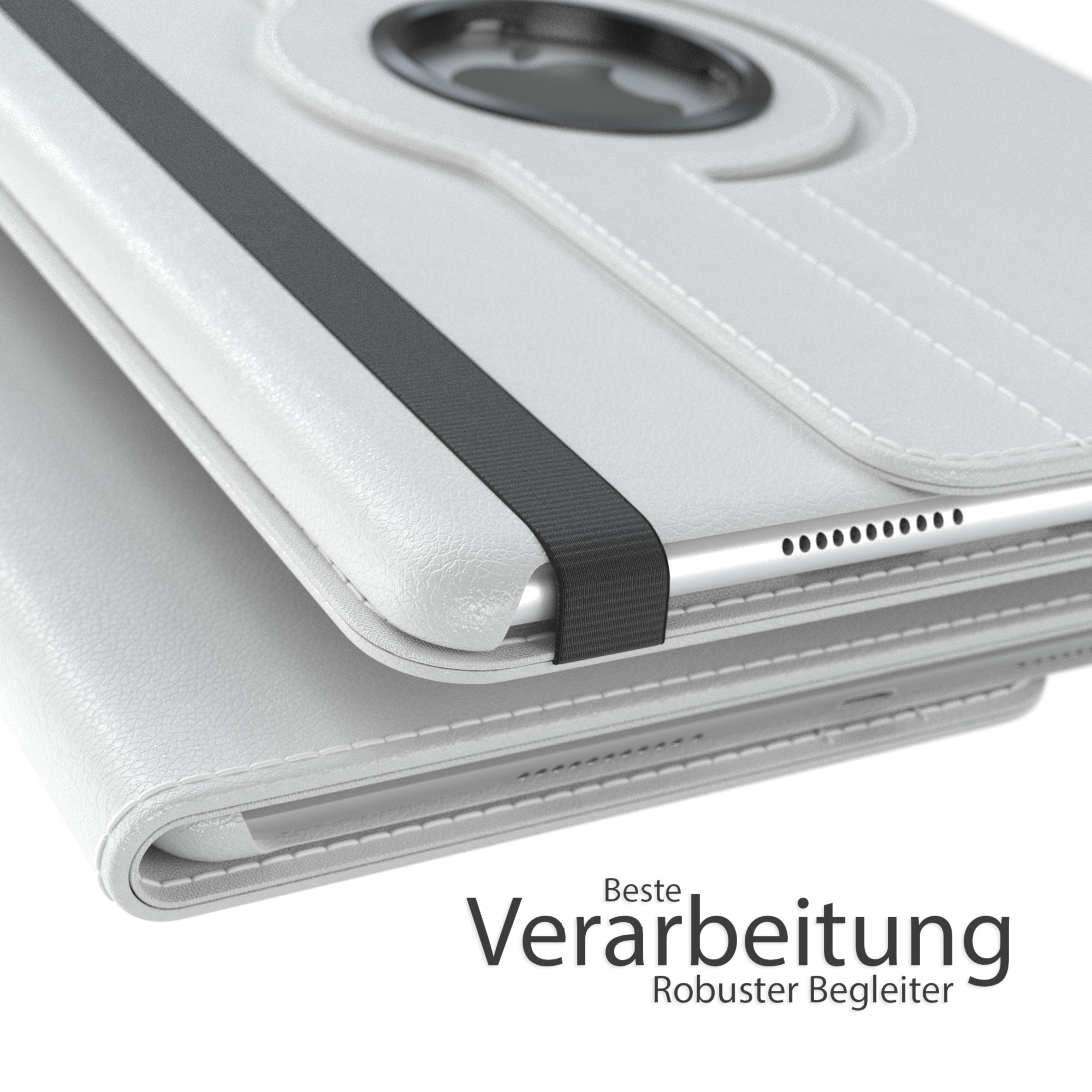 Nahaufnahme der Tablet-Hülle mit deutschem Text. Weiße Hülle mit schwarzem Band. Weißer Hintergrund.
