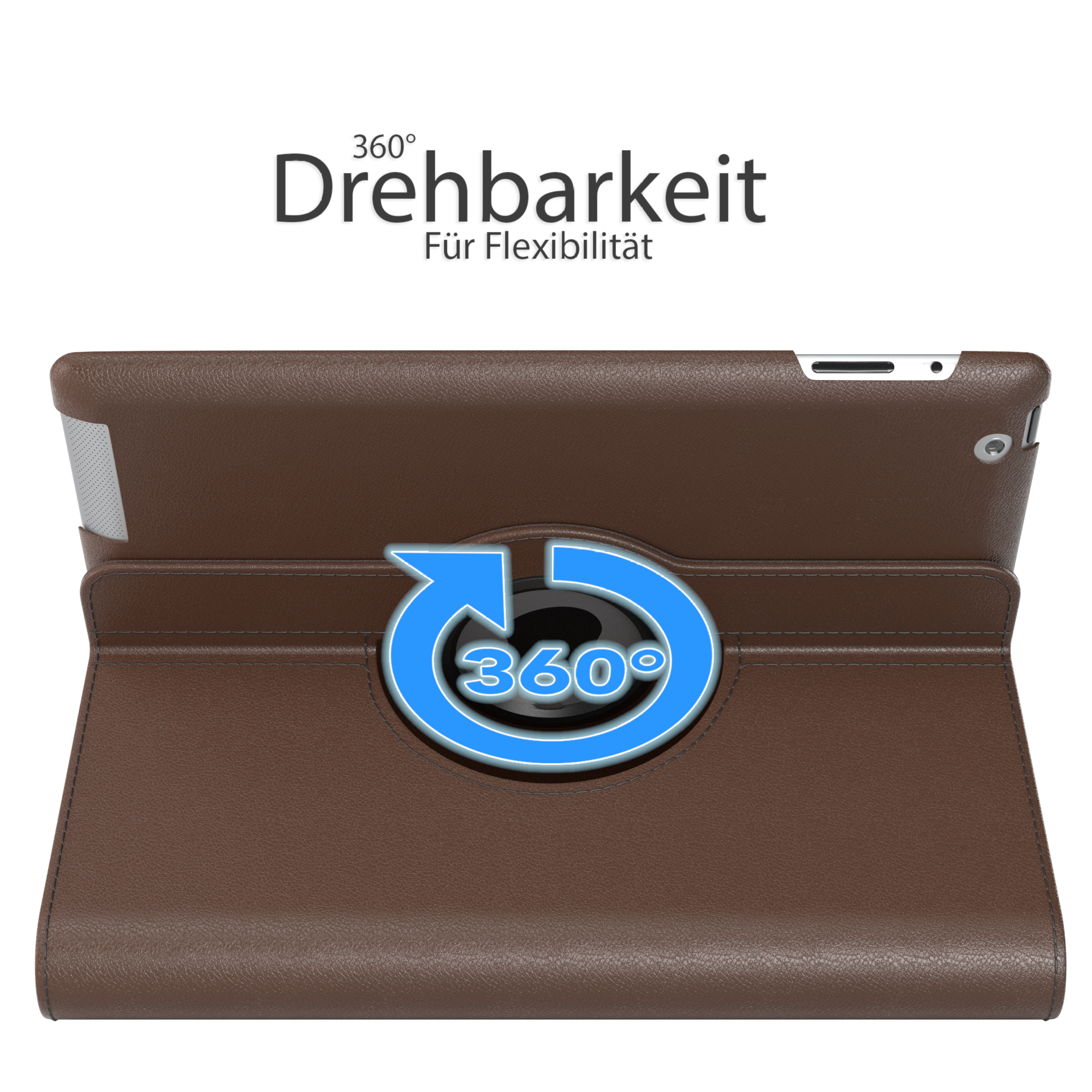 Tablet in brauner Hülle mit 360°-Rotationssymbol. Text: 'Drehbarkeit'.