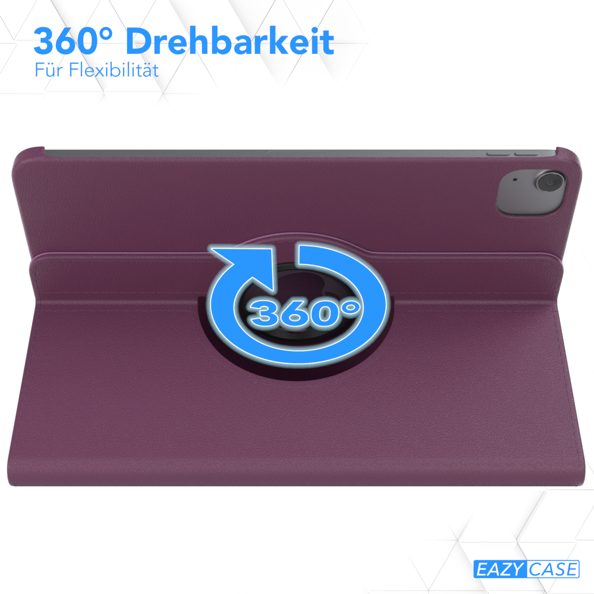 Lila Tablethülle mit drehbarem Scharnier. 360°-Symbol auf der Hülle. Lila Lederimitat.