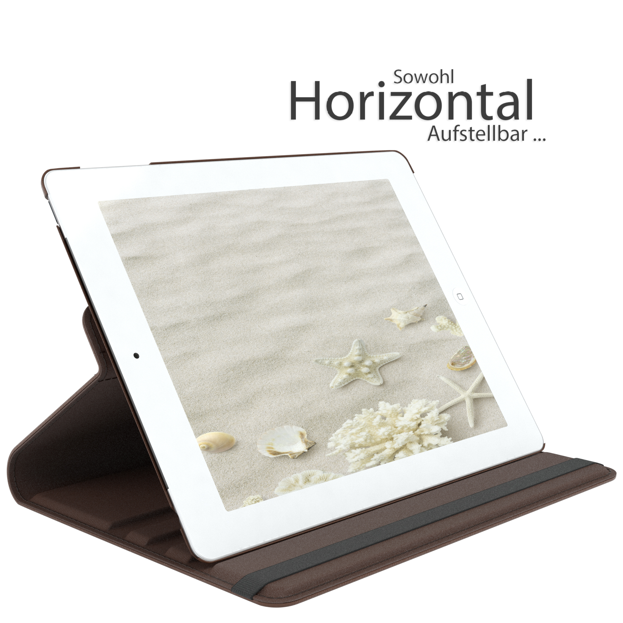 Braune Tablet-Hülle, mit Tablet darin, mit Strandhintergrund.