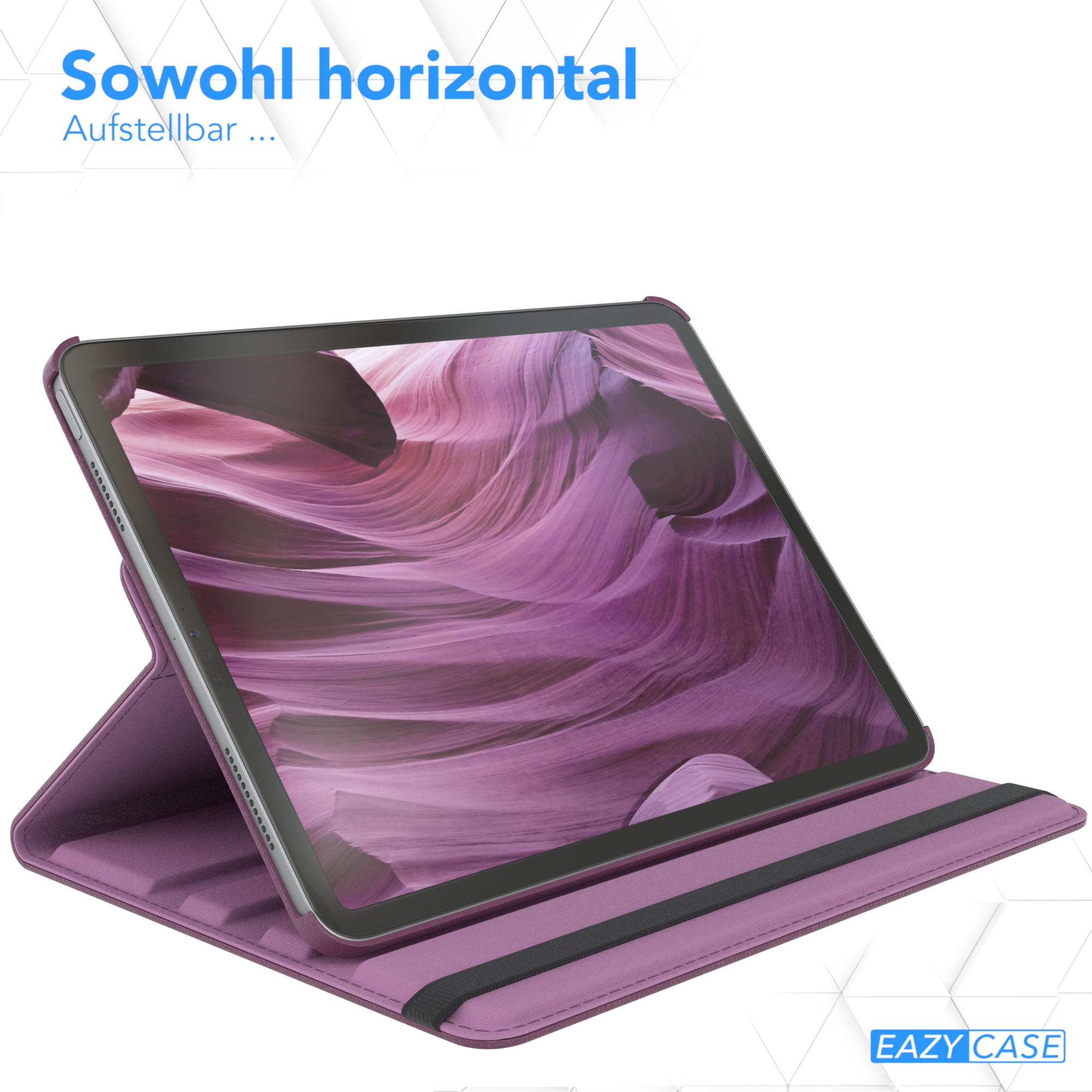 Tablet in lila Hülle, horizontal aufgestellt vor weißem Hintergrund.