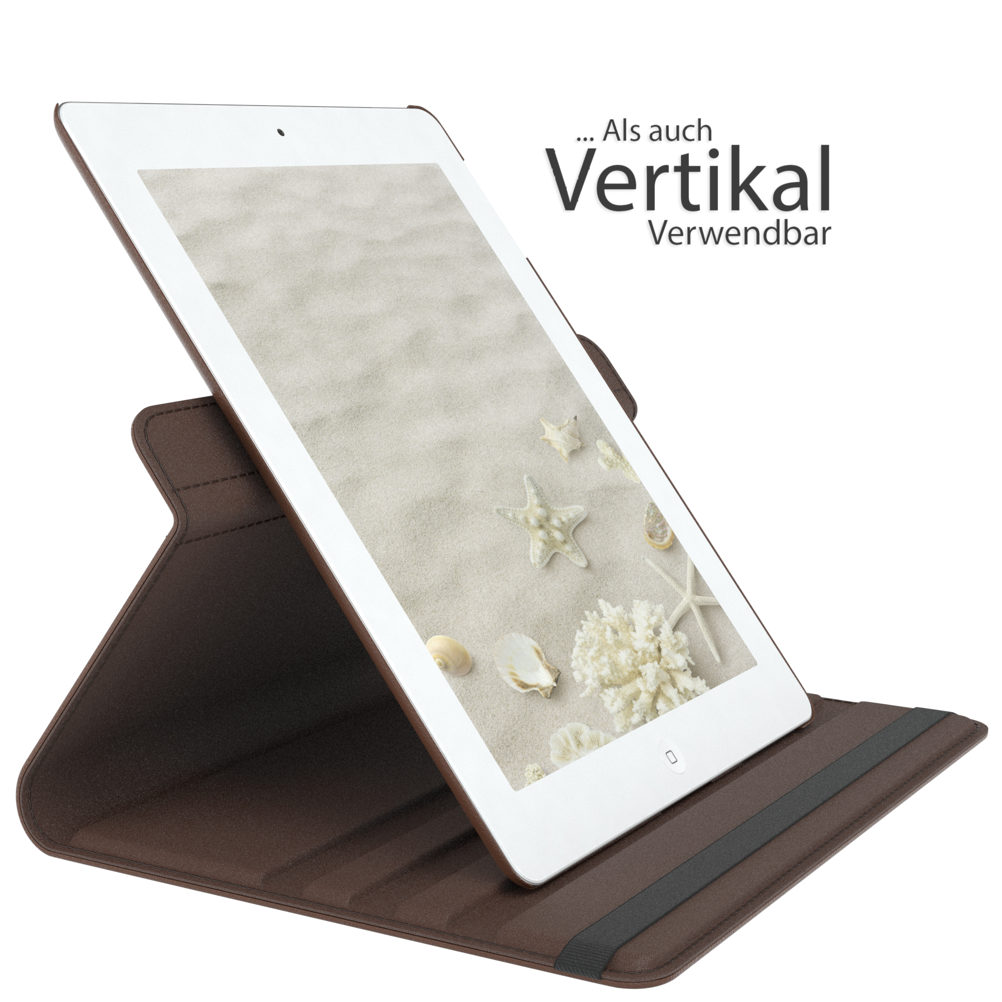 Ein Tablet in einer braunen Hülle, vertikal stehend, mit einem Strandhintergrund.