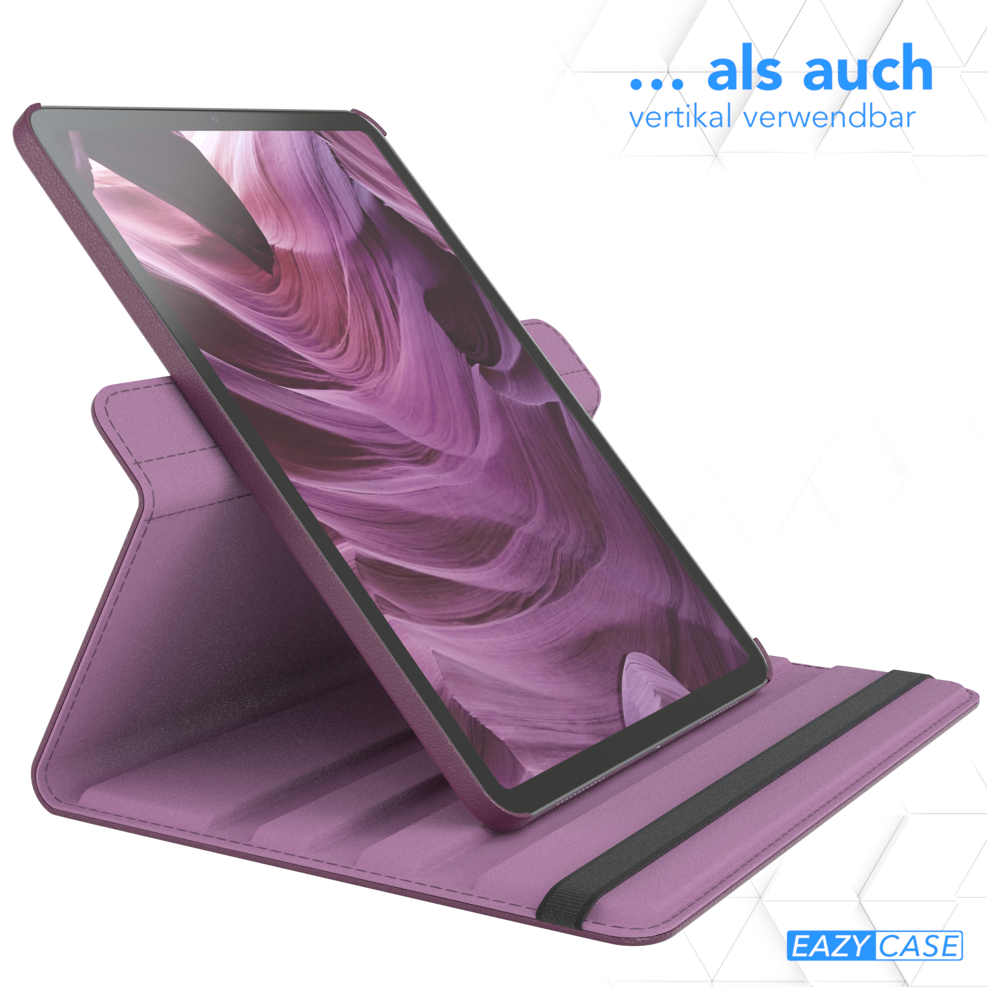 Lila Tablet in einem lila Ständer. Schwarzes Gummiband zum Halten des Tablets.