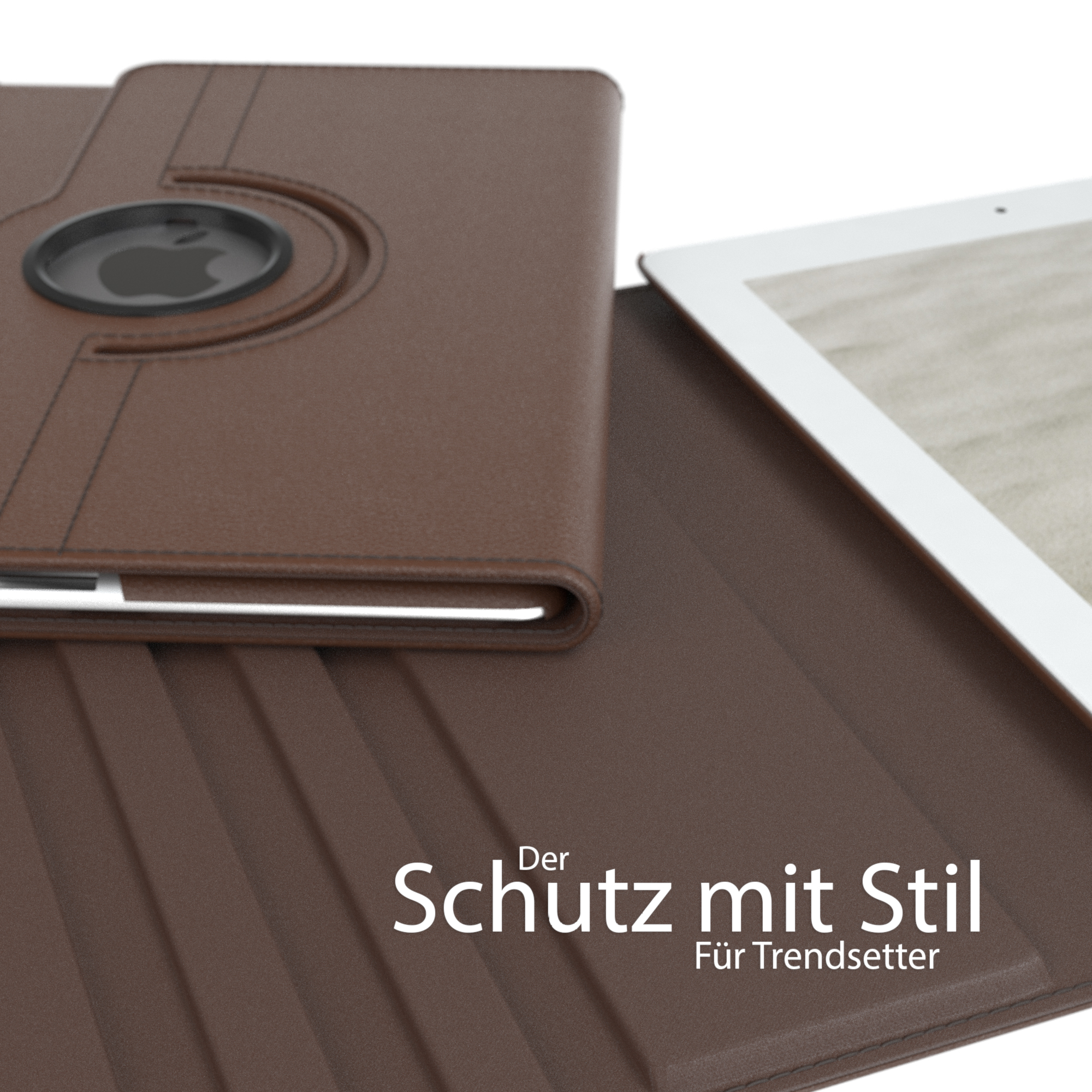 Braune Tablethülle mit einem Tablet. Text: Schutz mit Stil, Für Trendsetter. EAZY CASE Logo.