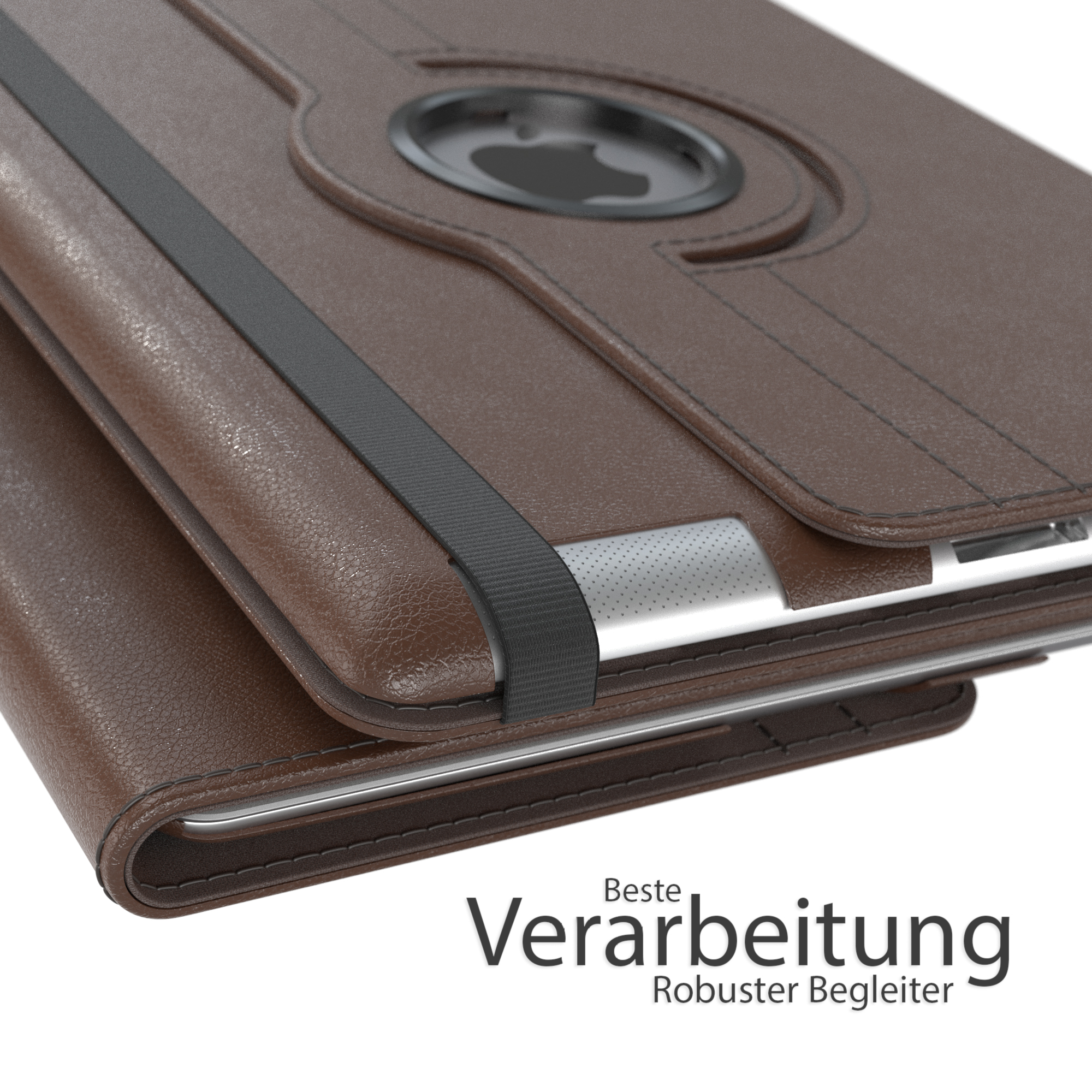 Braune Tablethülle, geschlossen. Die Hülle hat einen schwarzen Riemen und einen schwarzen Kameraring.
