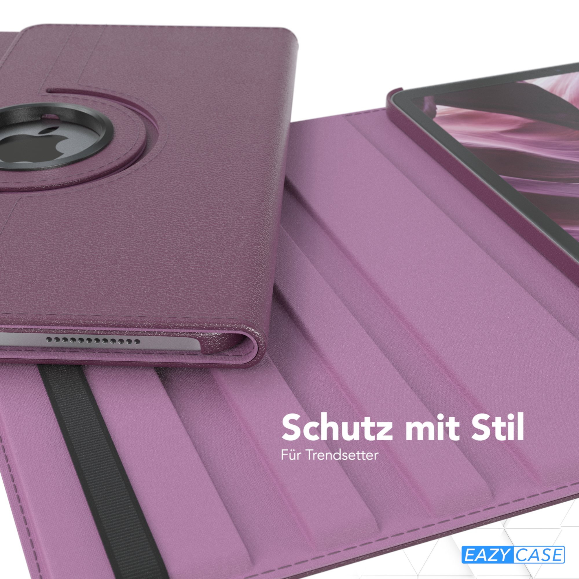 Lila iPad-Hülle mit 360-Grad-Drehfunktion, geöffnet. Der Hintergrund ist hellviolett.