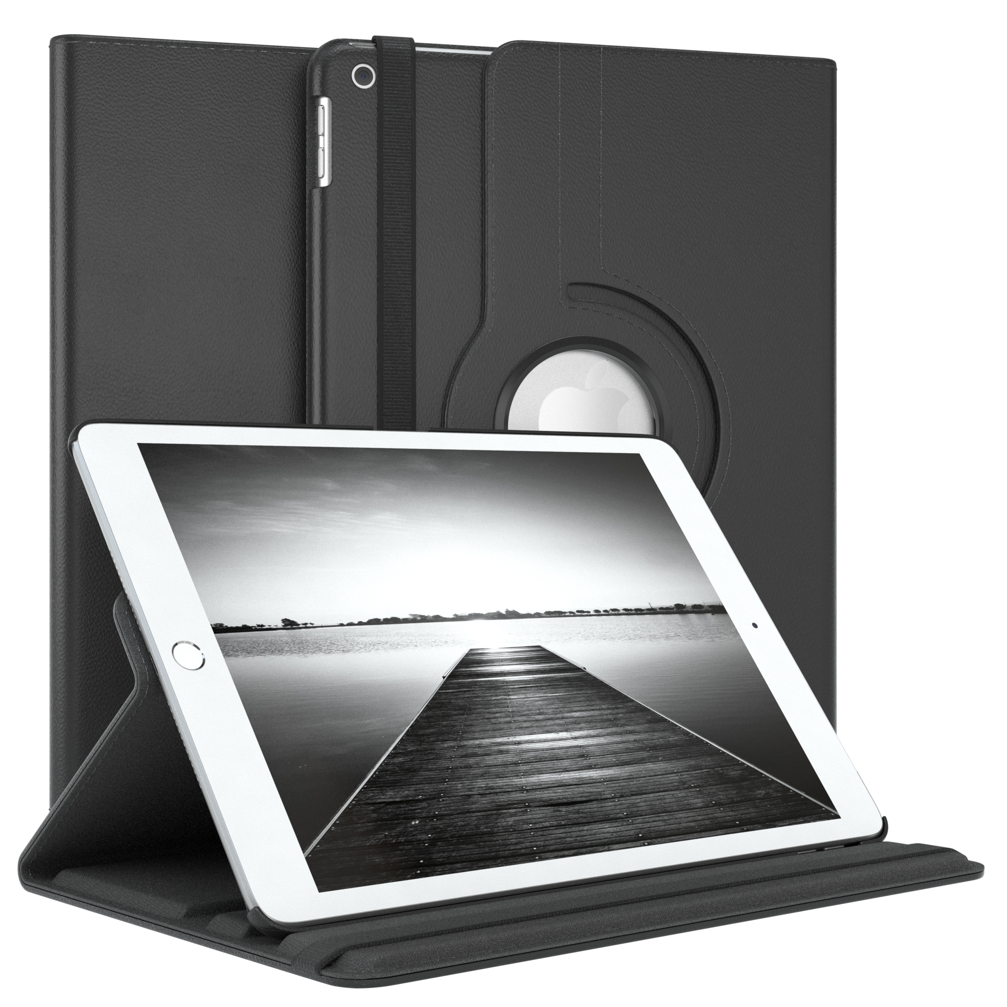 Schwarze Tablet-Hülle mit einem Tablet und einem schwarzen Riemen. Weißer Hintergrund.