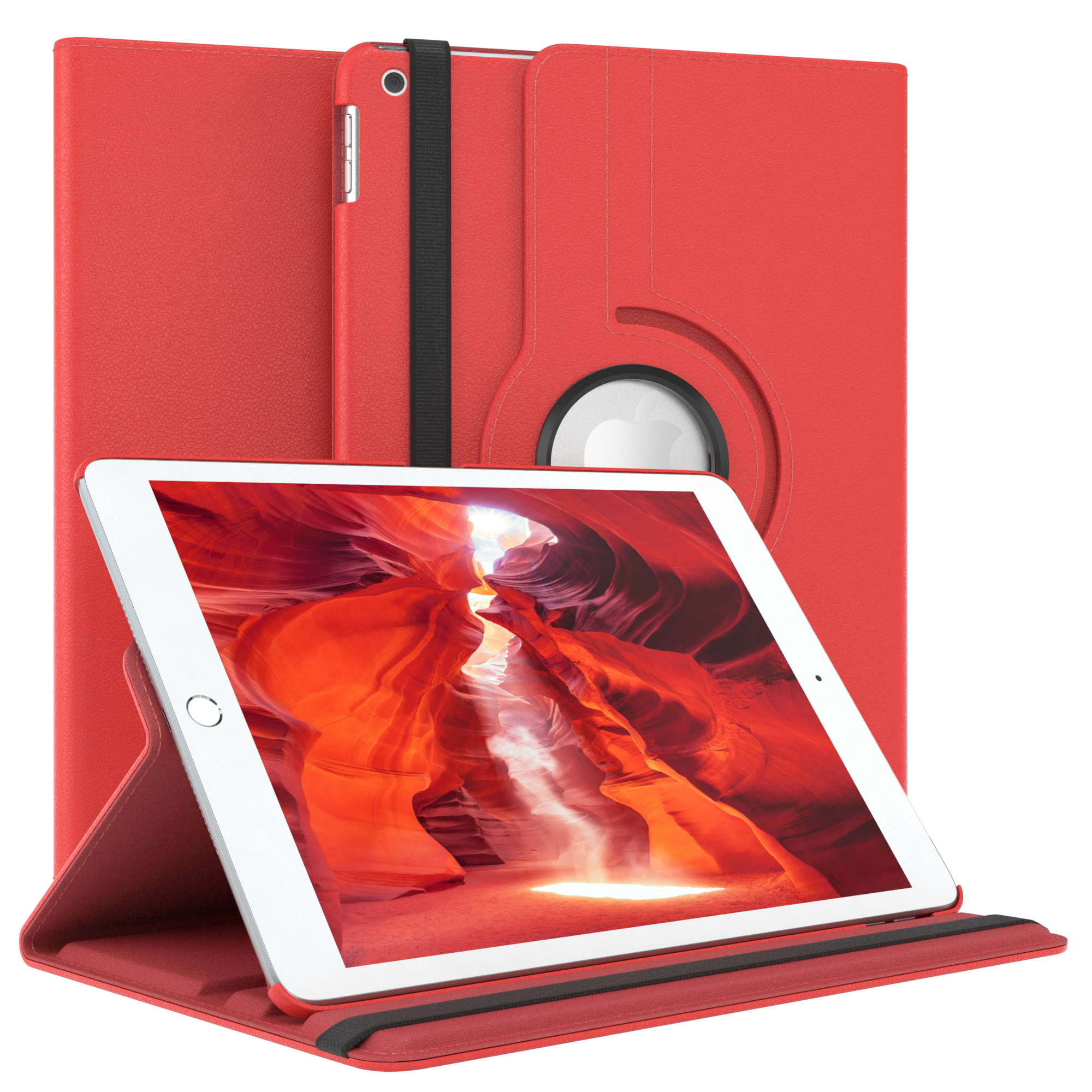 Ein rotes Tablet mit roter Hülle, der Bildschirm zeigt eine Schluchtszene.