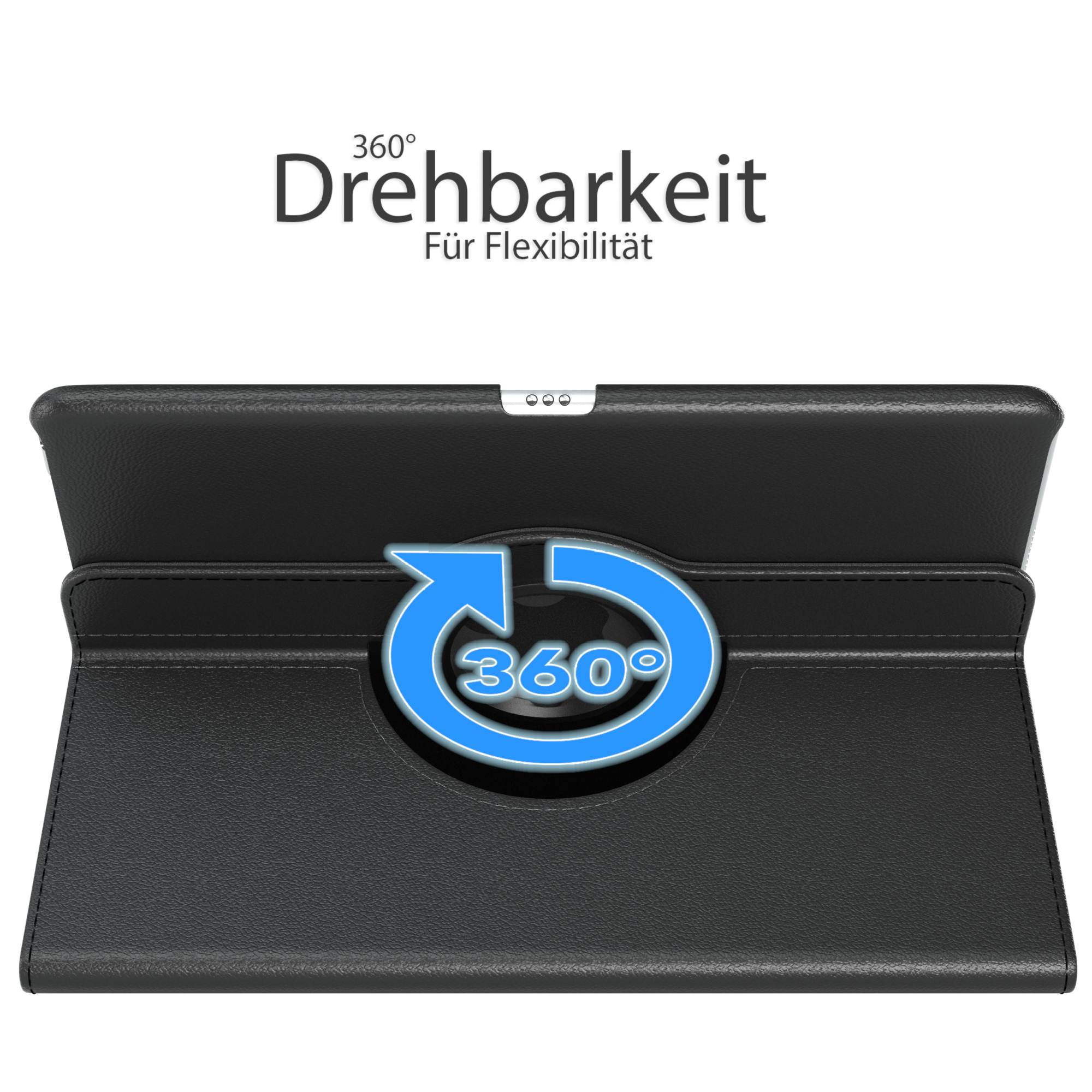 Schwarzer Tablet-Ständer mit 360-Grad-Drehung, mit Text 'Drehbarkeit Für Flexibilität'.