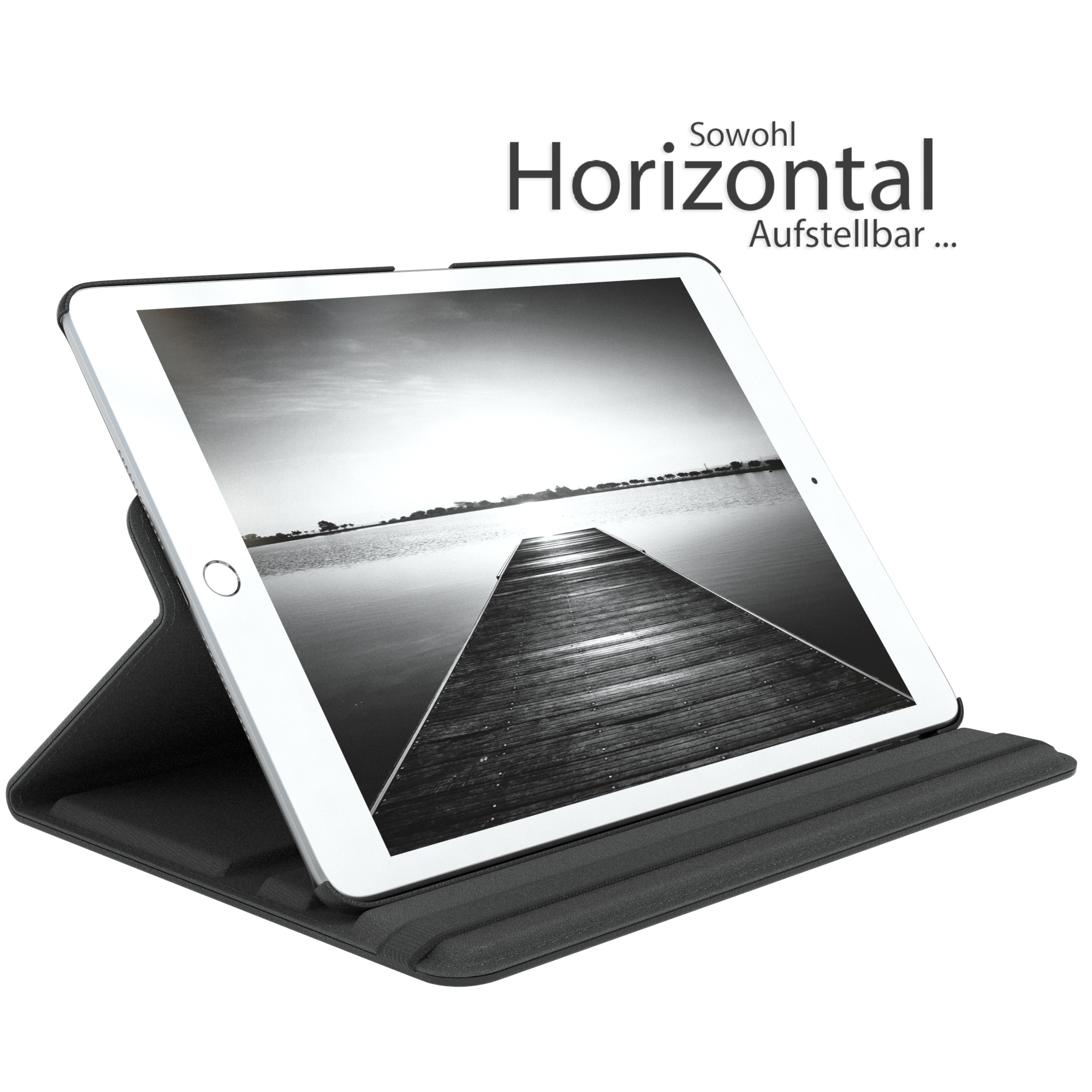 Tablet auf einem Ständer, horizontal, zeigt ein Schwarzweiß-Pier-Foto.