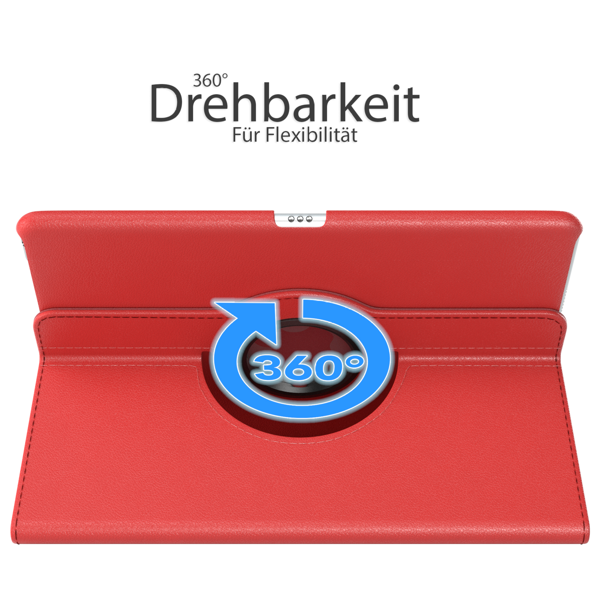Rote Tablethülle, zeigt 360-Grad-Drehung. Das Tablet ist in der Hülle mit schwarzem Scharnier.