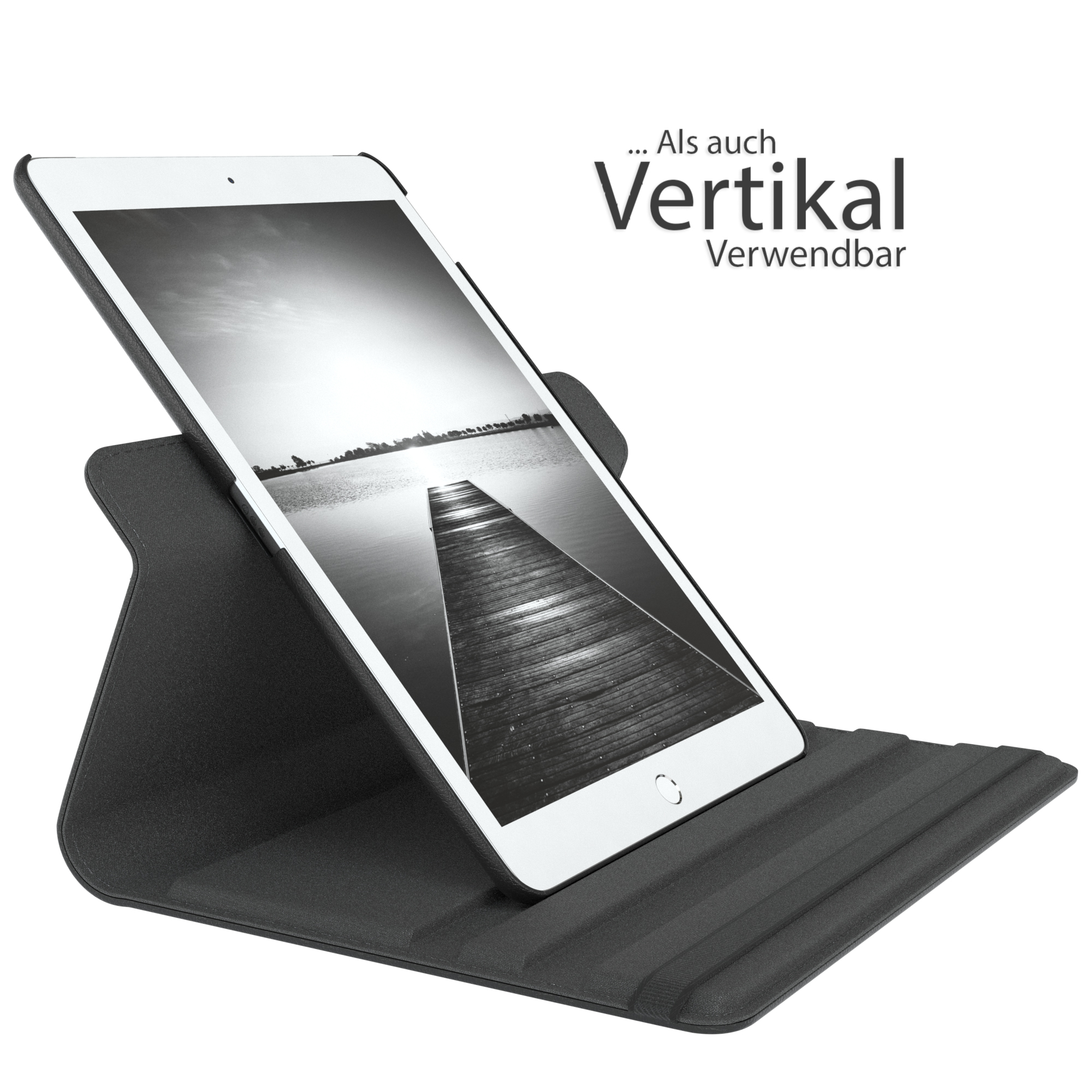 Schwarzes Tablet in einer Hülle, aufgestellt; See und Pier auf dem Bildschirm.