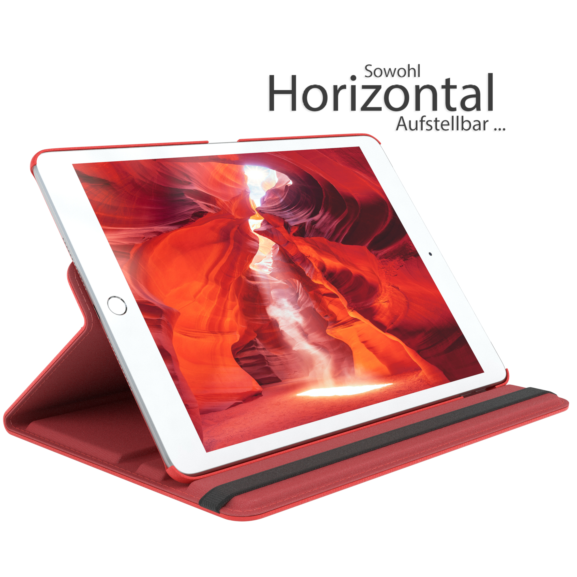 Rote iPad-Hülle. Das iPad ist geöffnet und zeigt eine Landschaft roter Felsformationen. Text oben.