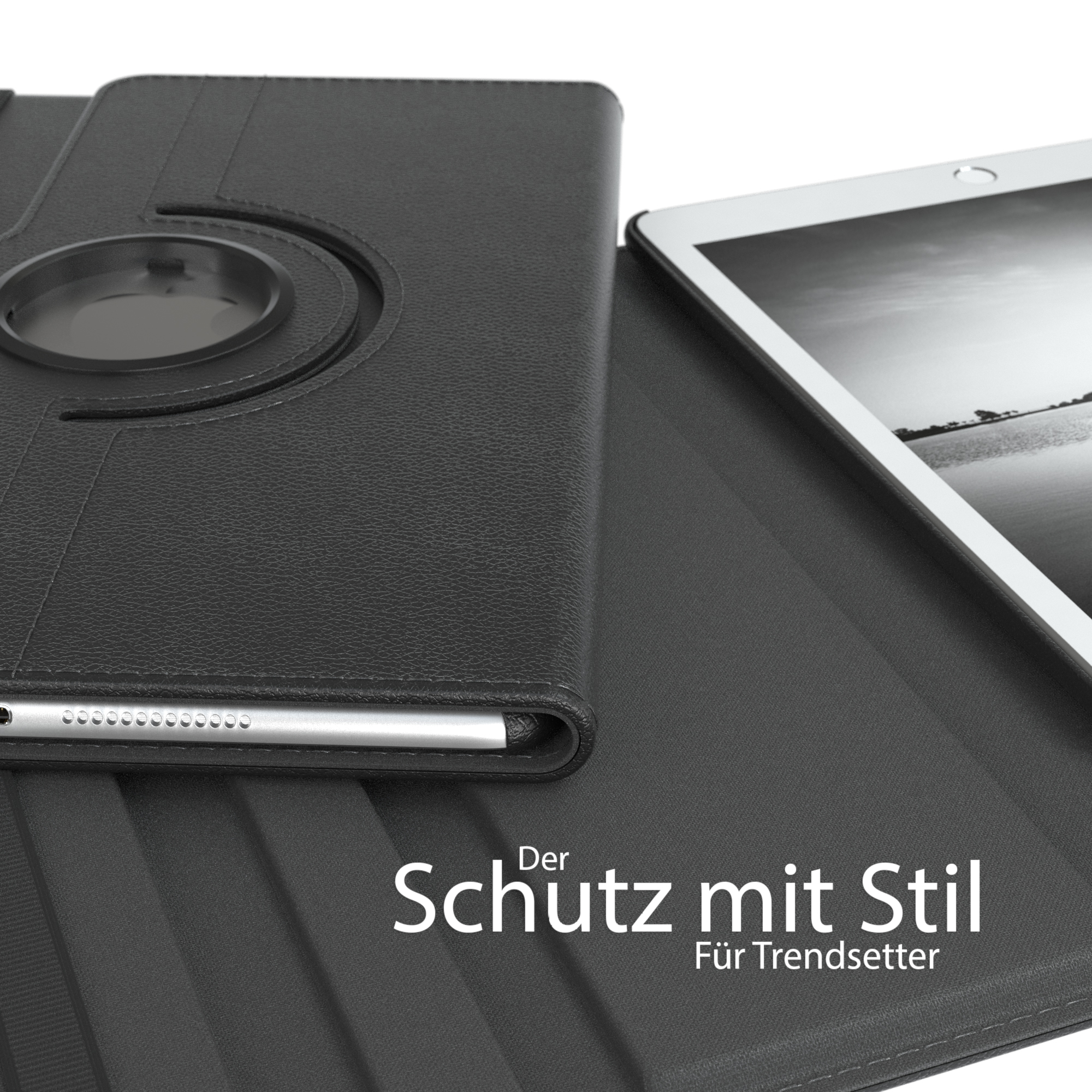 Schwarze Tablettasche mit Tablet darin. Text auf Deutsch. Hintergrund: Schwarz, mit Oberfläche.